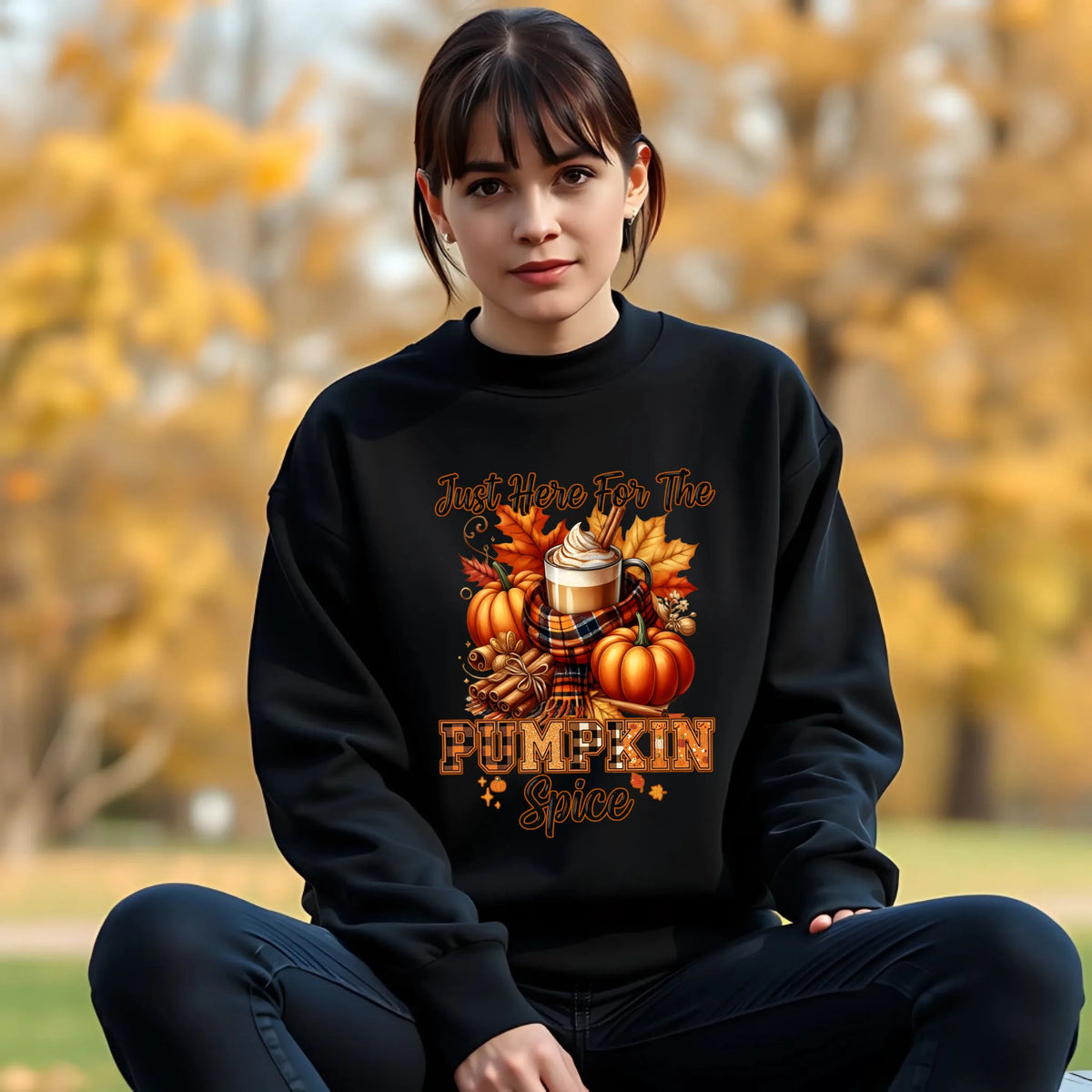 Just Here for the Pumpkin Spice fall coffee graphic shirt and crewneck