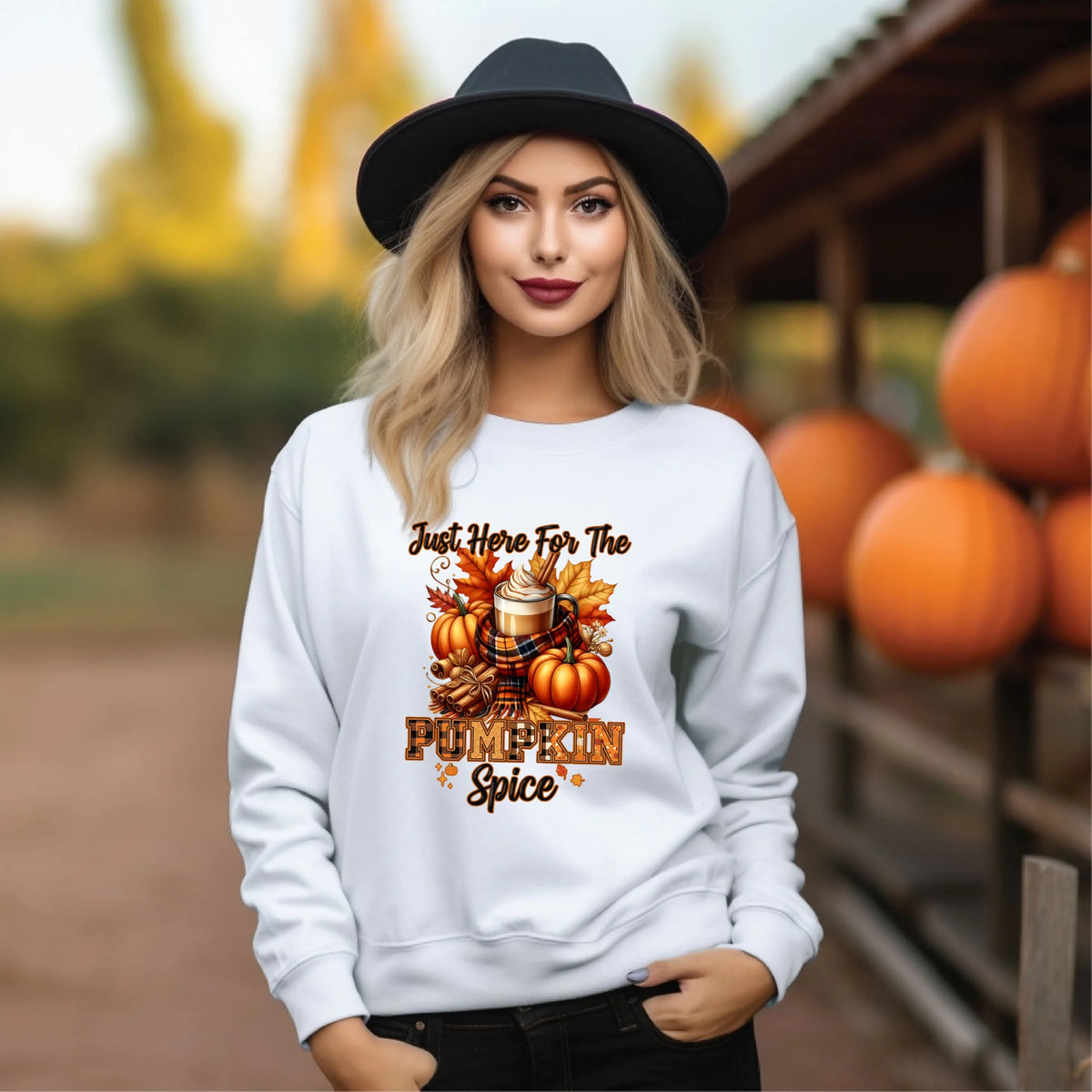 Just Here for the Pumpkin Spice fall coffee graphic shirt and crewneck
