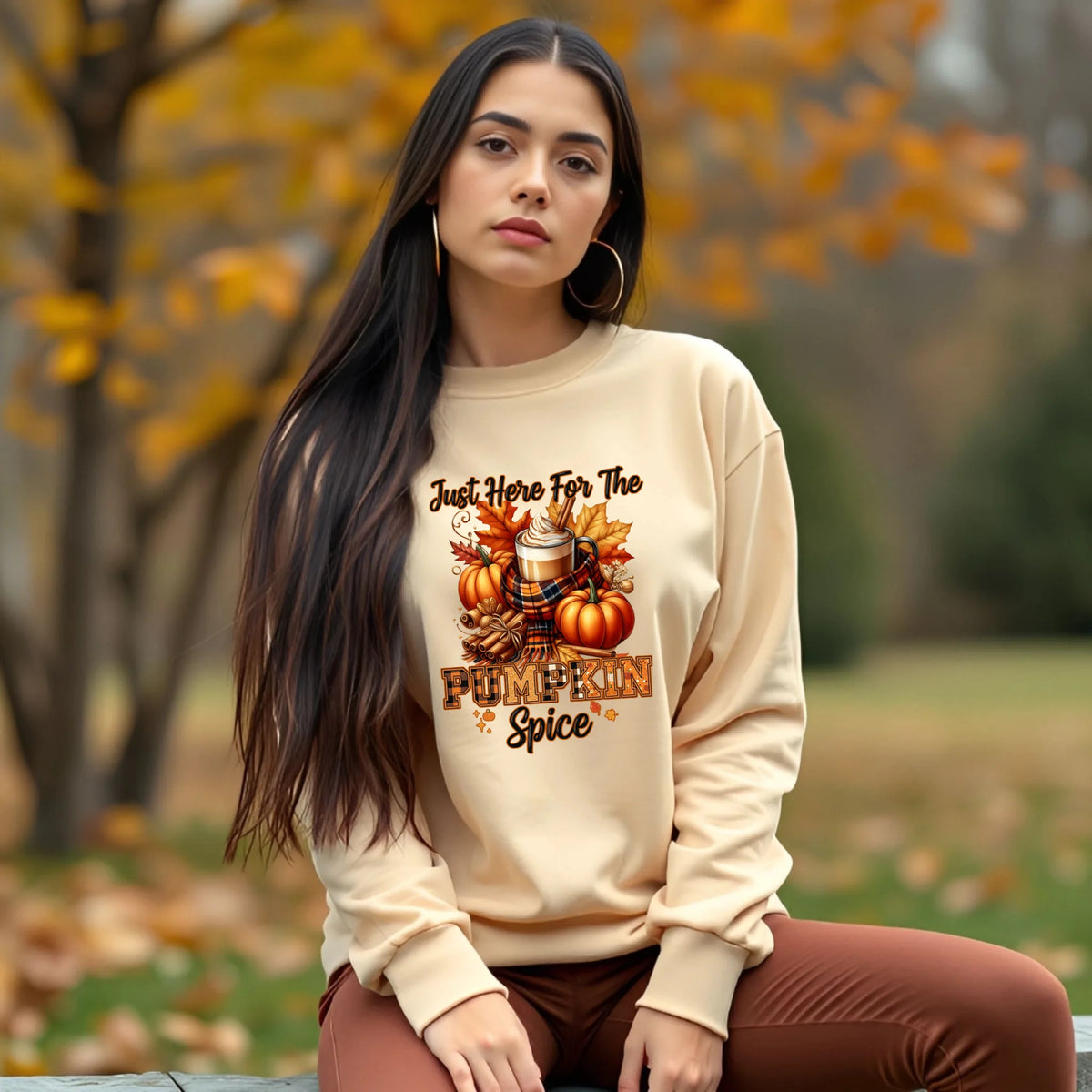 Just Here for the Pumpkin Spice fall coffee graphic shirt and crewneck