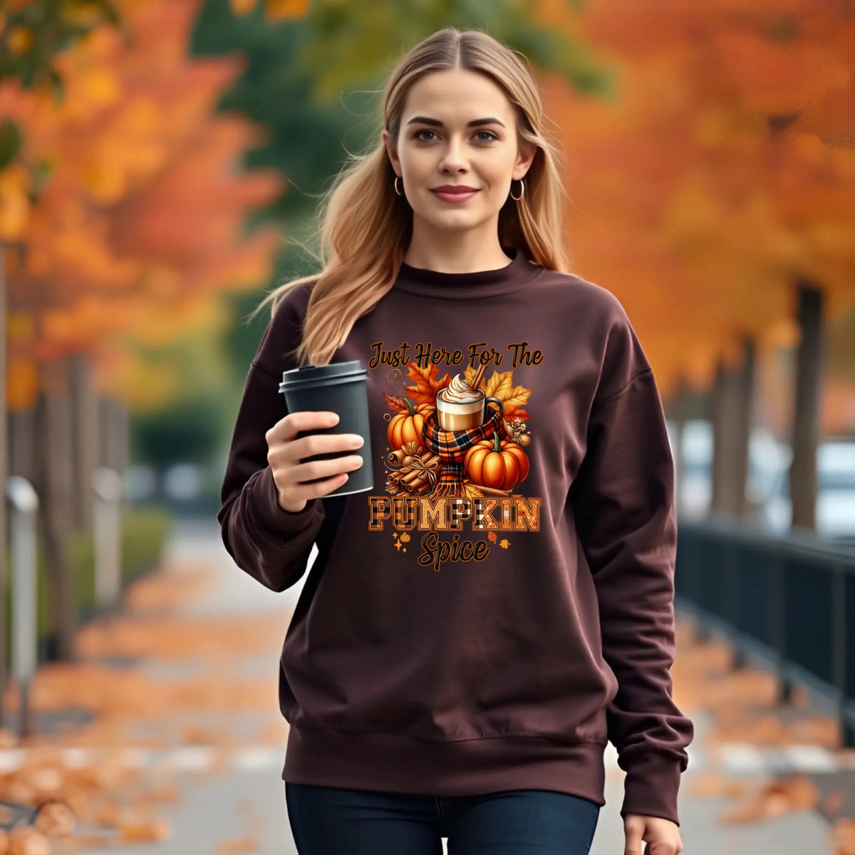 Just Here for the Pumpkin Spice fall coffee graphic shirt and crewneck