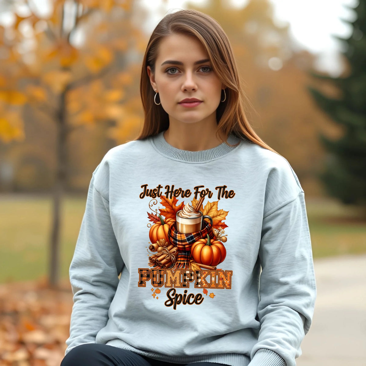 Just Here for the Pumpkin Spice fall coffee graphic shirt and crewneck