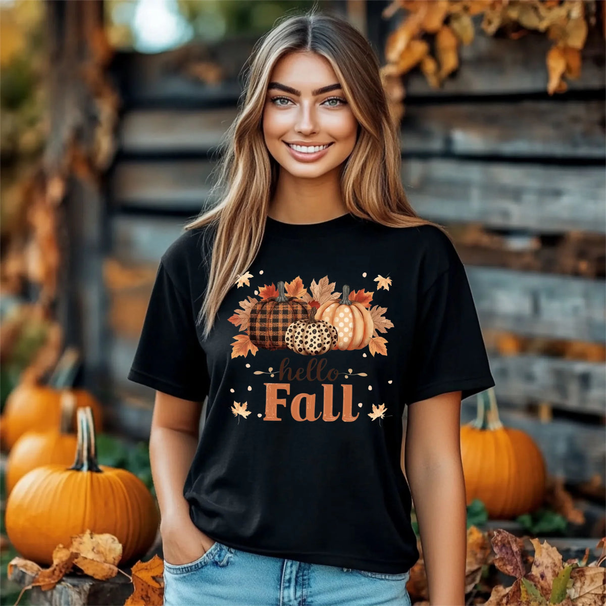 Hello Fall pumpkin season graphic shirt and crewneck