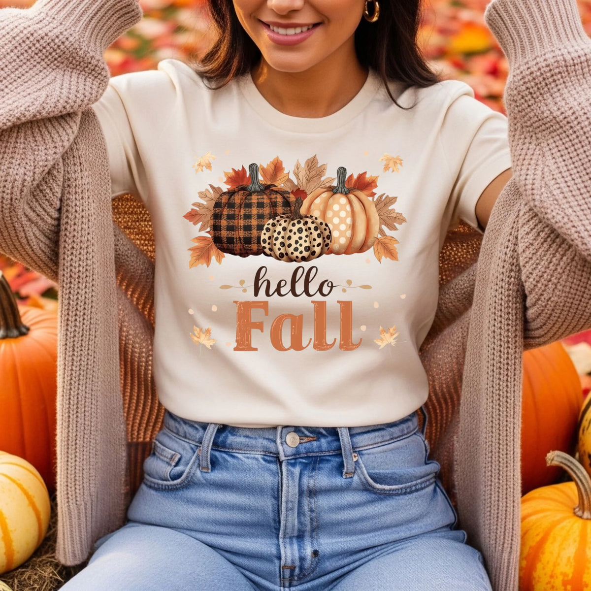 Hello Fall pumpkin season graphic shirt and crewneck