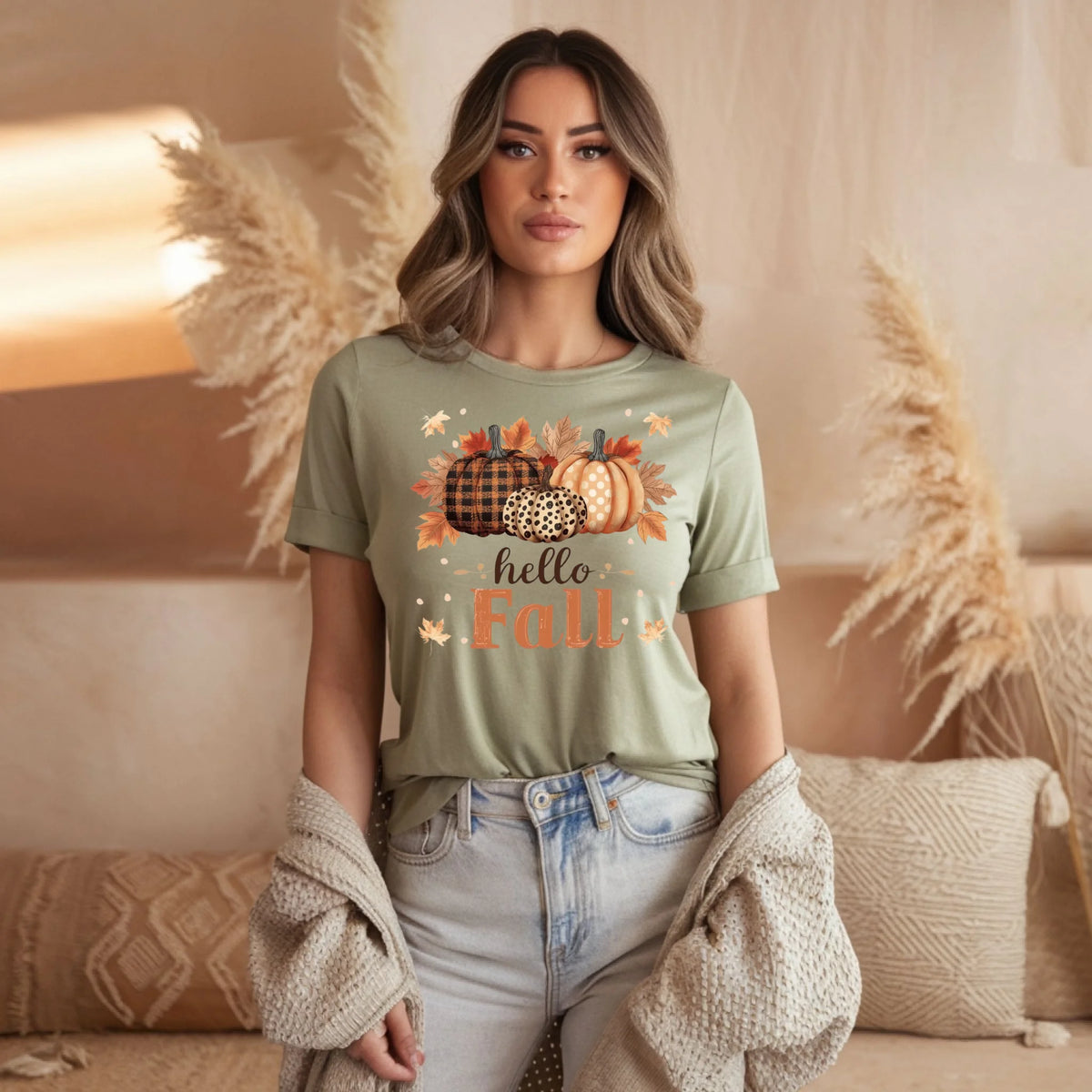 Hello Fall pumpkin season graphic shirt and crewneck