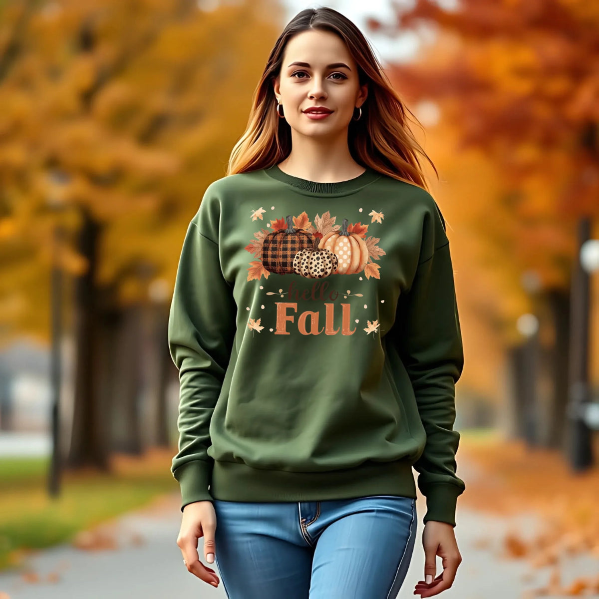 Hello Fall pumpkin season graphic shirt and crewneck