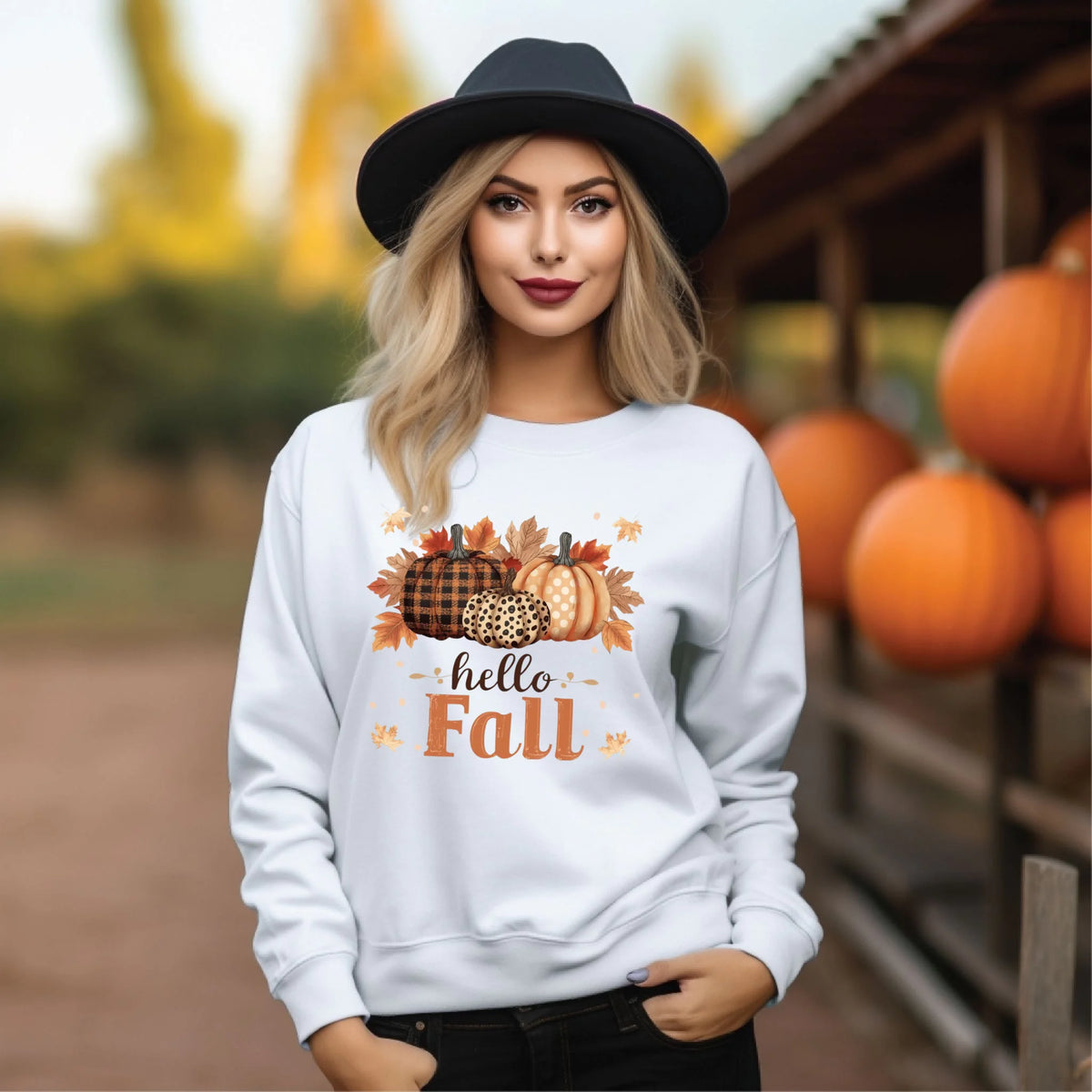Hello Fall pumpkin season graphic shirt and crewneck