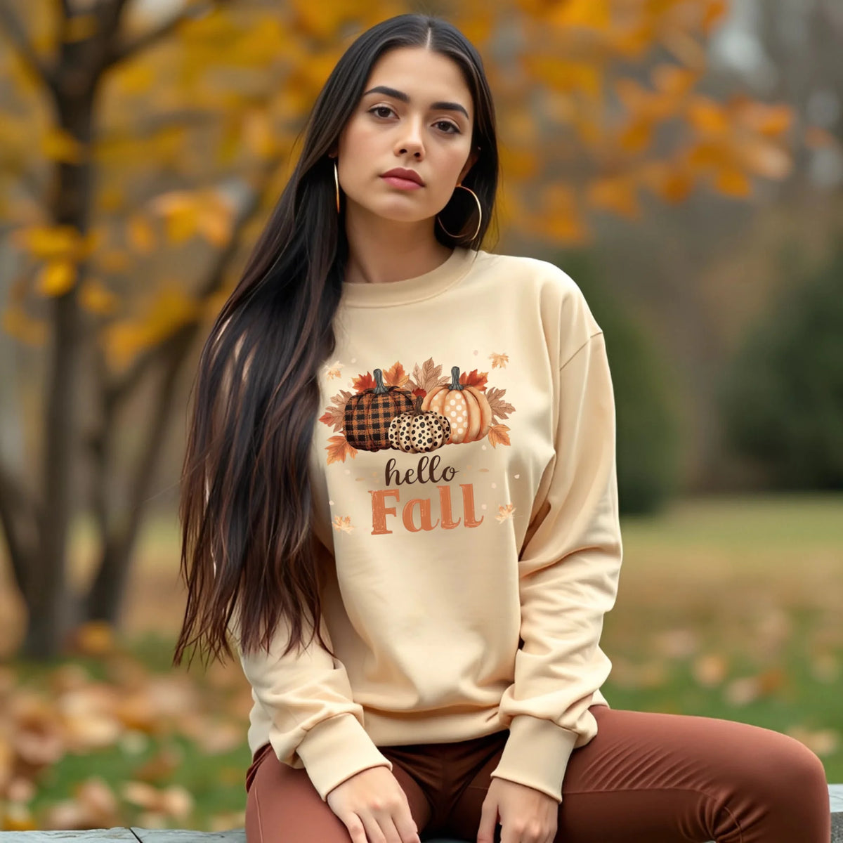 Hello Fall pumpkin season graphic shirt and crewneck