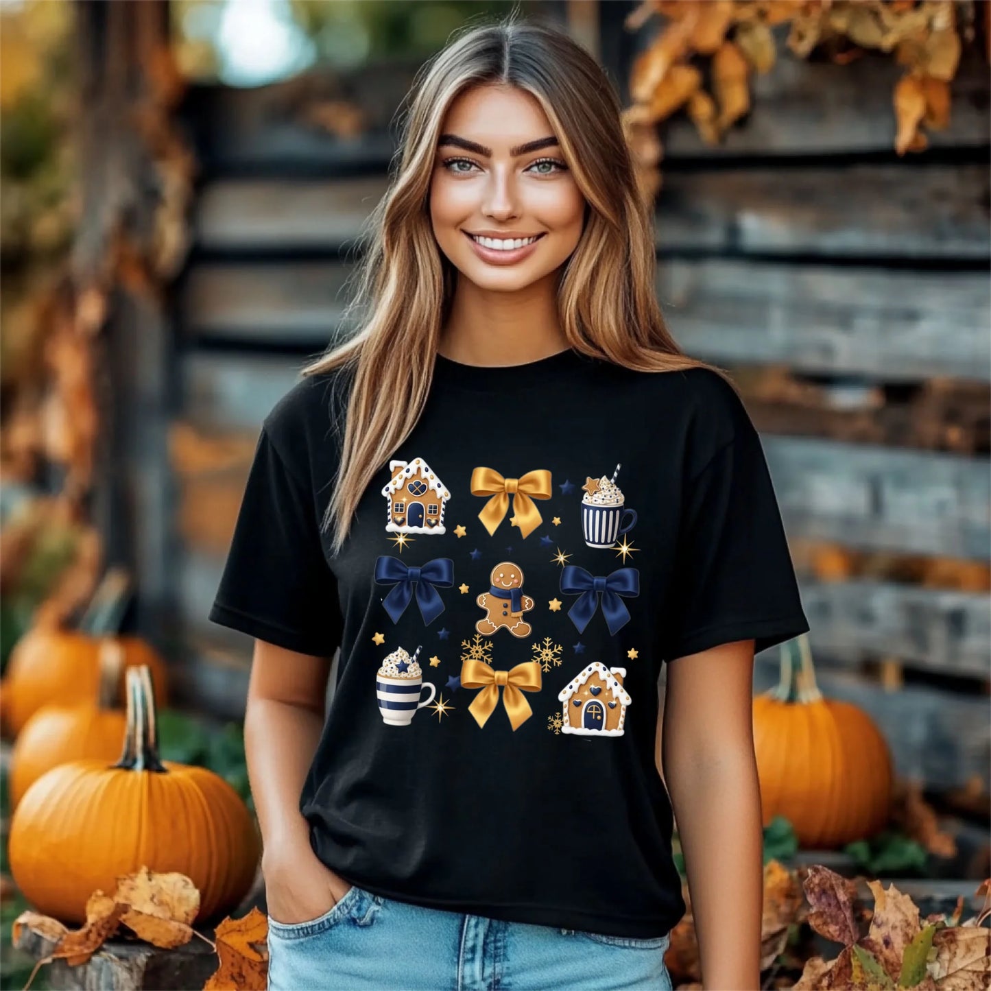 Woman wearing a black t-shirt with festive designs in an autumn setting with pumpkins and leaves.