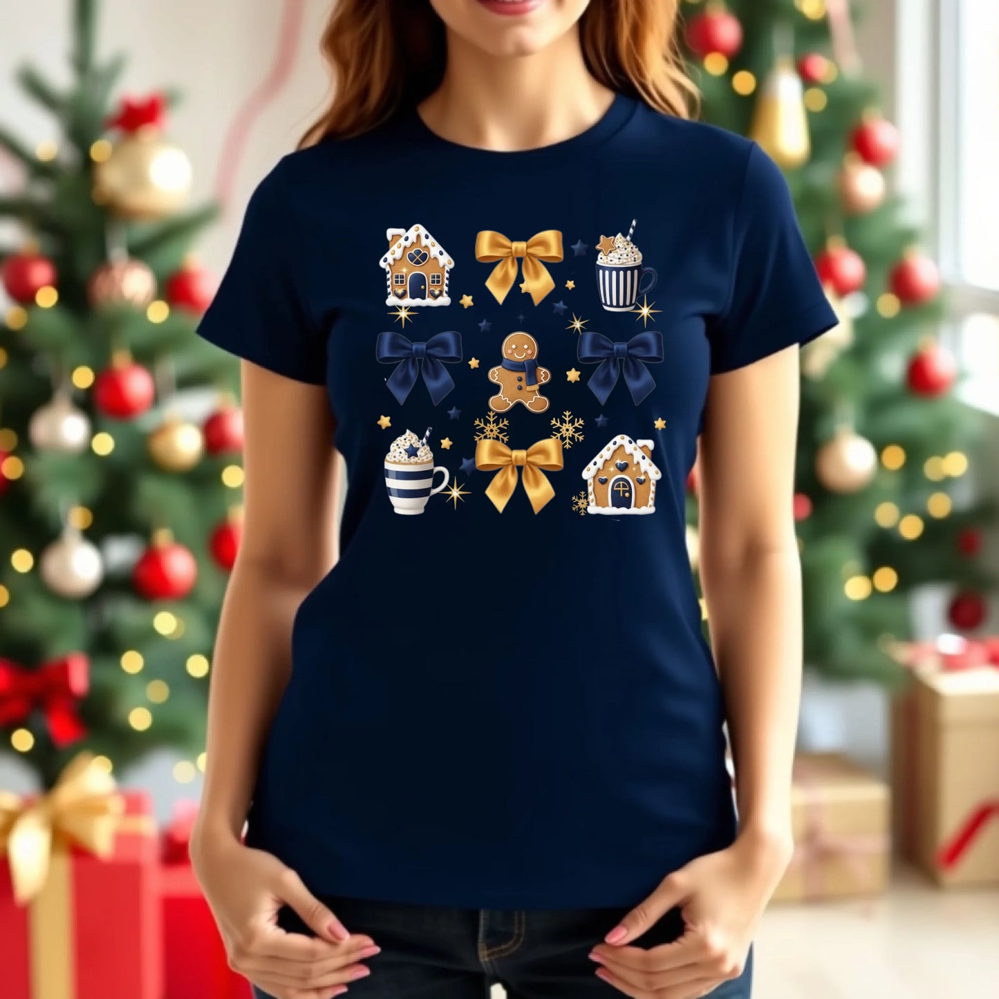 Person wearing a navy blue t-shirt with festive designs in front of a decorated Christmas tree.