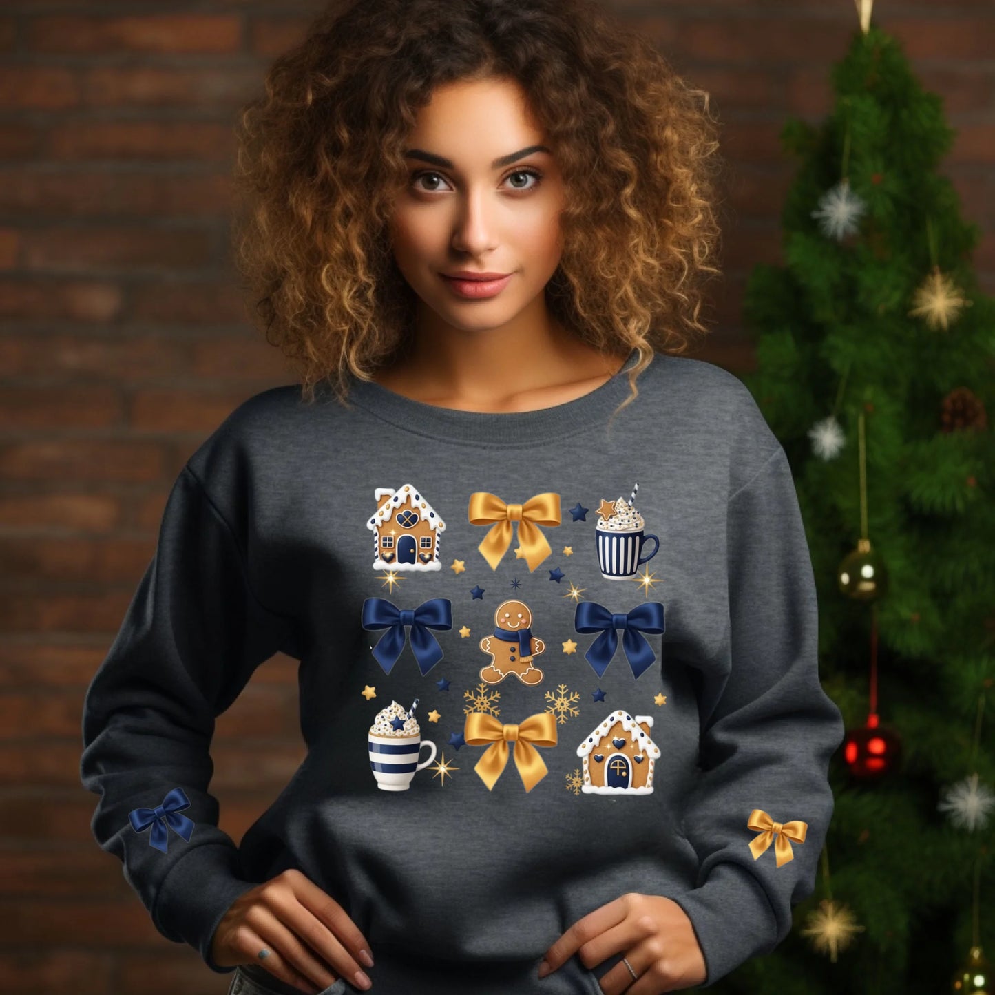Person wearing a festive sweater with Christmas-themed designs in front of a decorated tree.