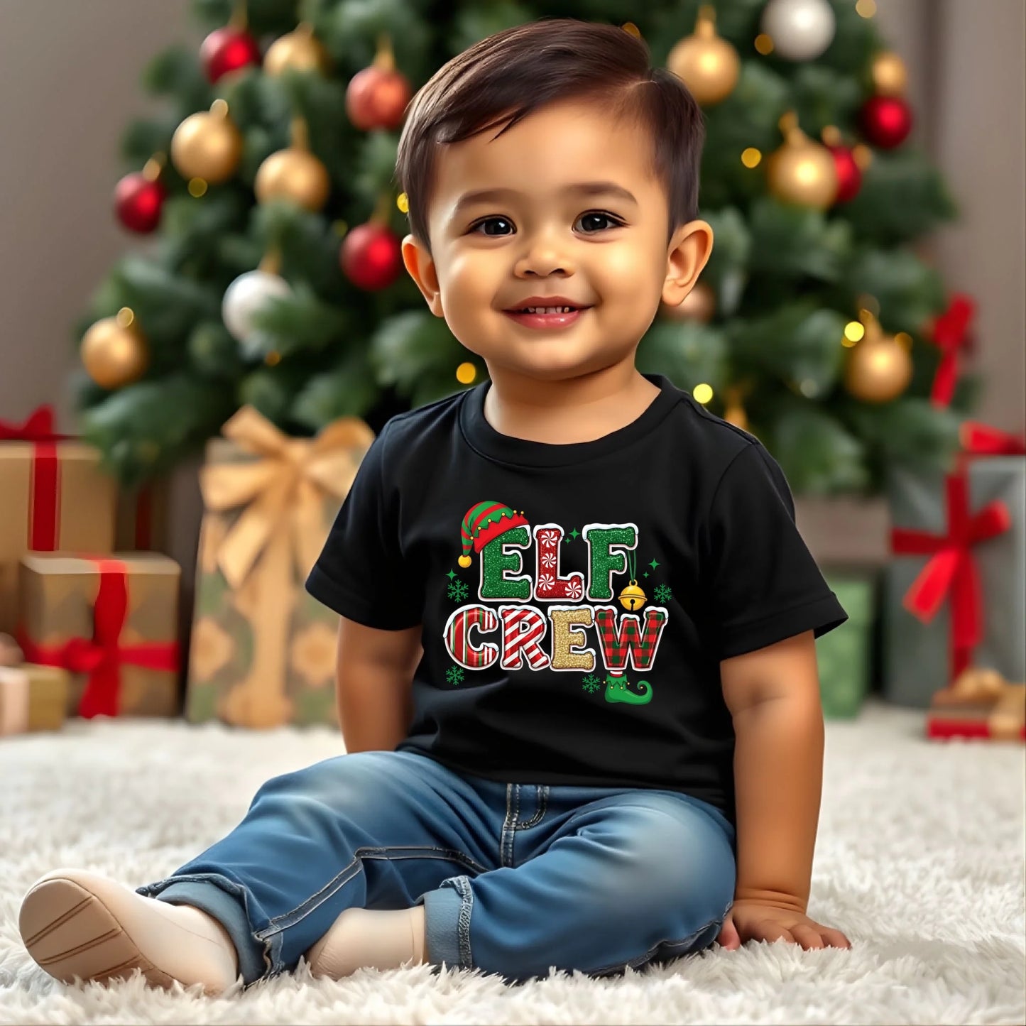 Child wearing an 'Elf Crew' shirt in front of a decorated Christmas tree and presents.