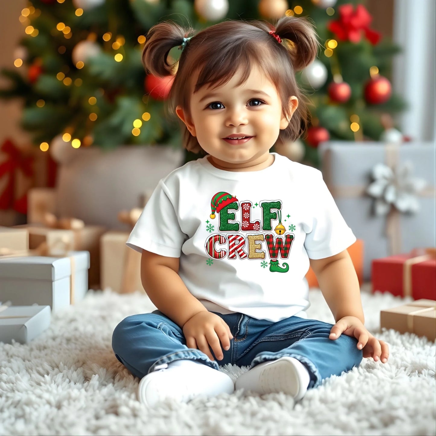 Child wearing an 'Elf Crew' shirt in a festive setting with Christmas decorations.