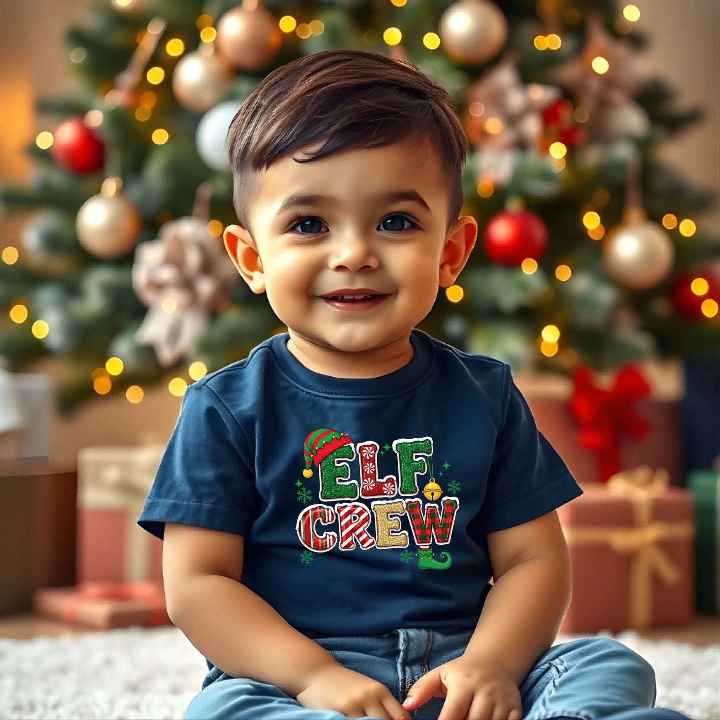 Child wearing an 'Elf Crew' shirt in front of a decorated Christmas tree.