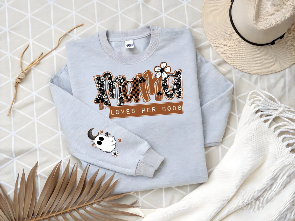 Personalized Mama Loves Her Boos ghost sleeve hoodie or crewneck