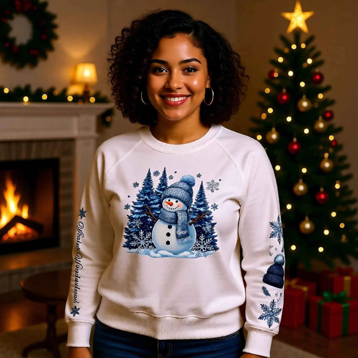 Woman wearing a Snowman Winter Collection “winter wonderland” sleeve text design. Cozy Christmas Crewneck Sweatshirt