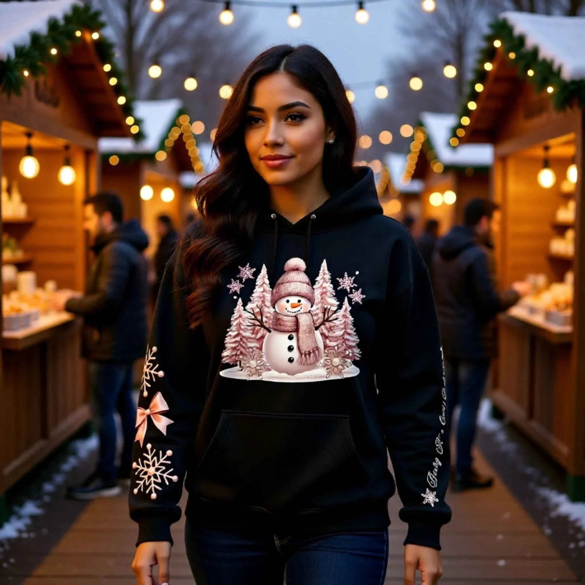 Woman wearing a Snowman Winter Collection “Baby It’s Cold Outside” sleeve text design. Cozy Christmas Crewneck Sweatshirt