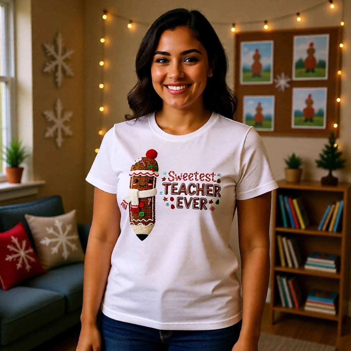 Woman wearing “Sweetest Teacher ever” faux crochet pencil Christmas Teacher T-shirts