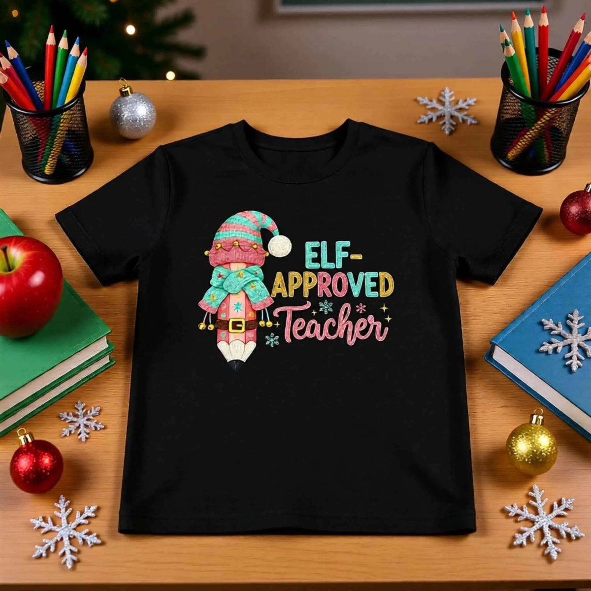 Flat lay of “Elf-Approved Teacher” Faux Crochet Christmas Print Tshirt.