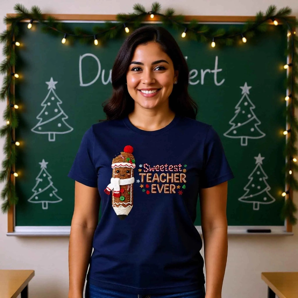 Woman wearing “Sweetest Teacher ever” faux crochet pencil Christmas Teacher T-shirts