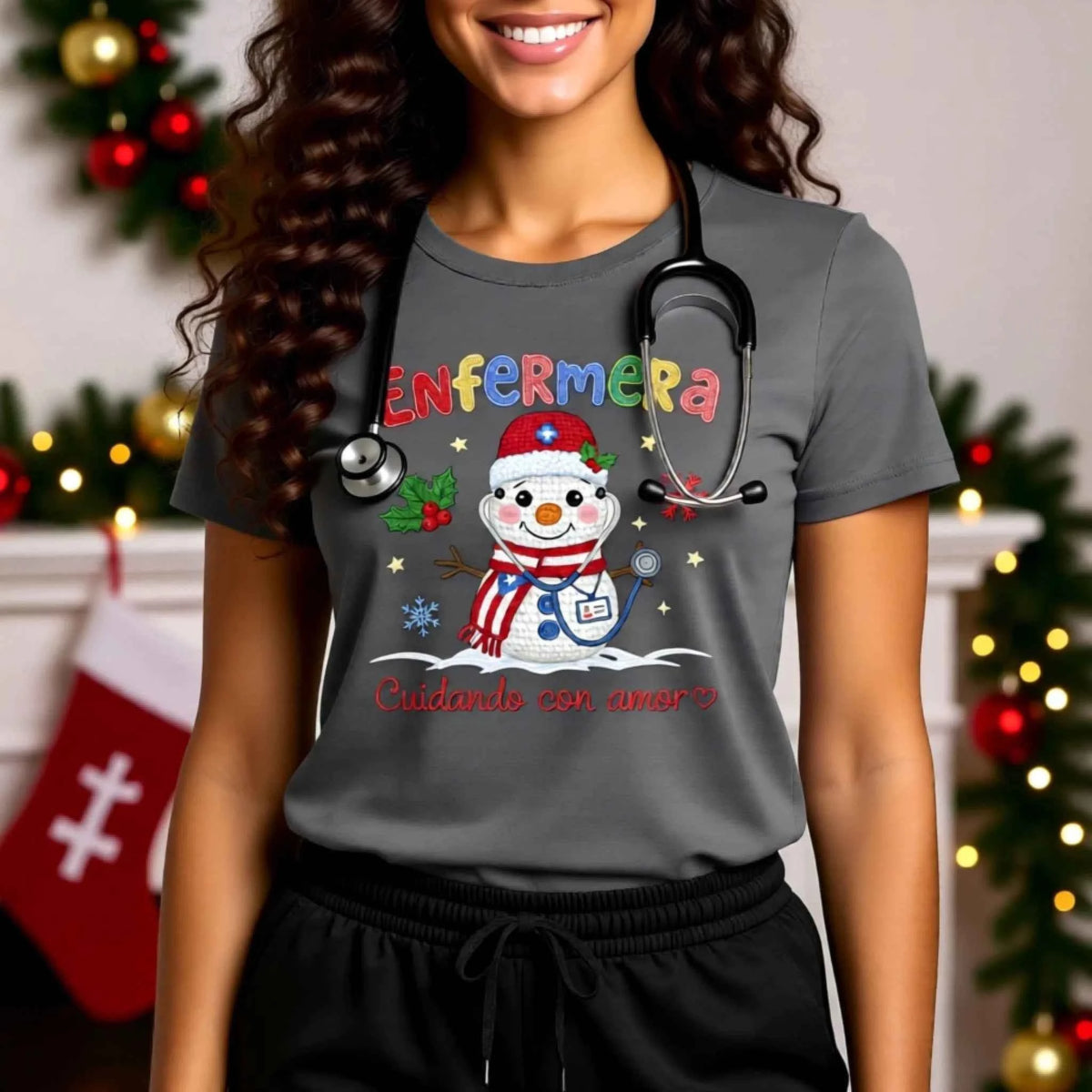 Woman wearing “Enfermera, Cuidando con Amor” Faux Crochet Nurse Snowman Christmas T-Shirt design