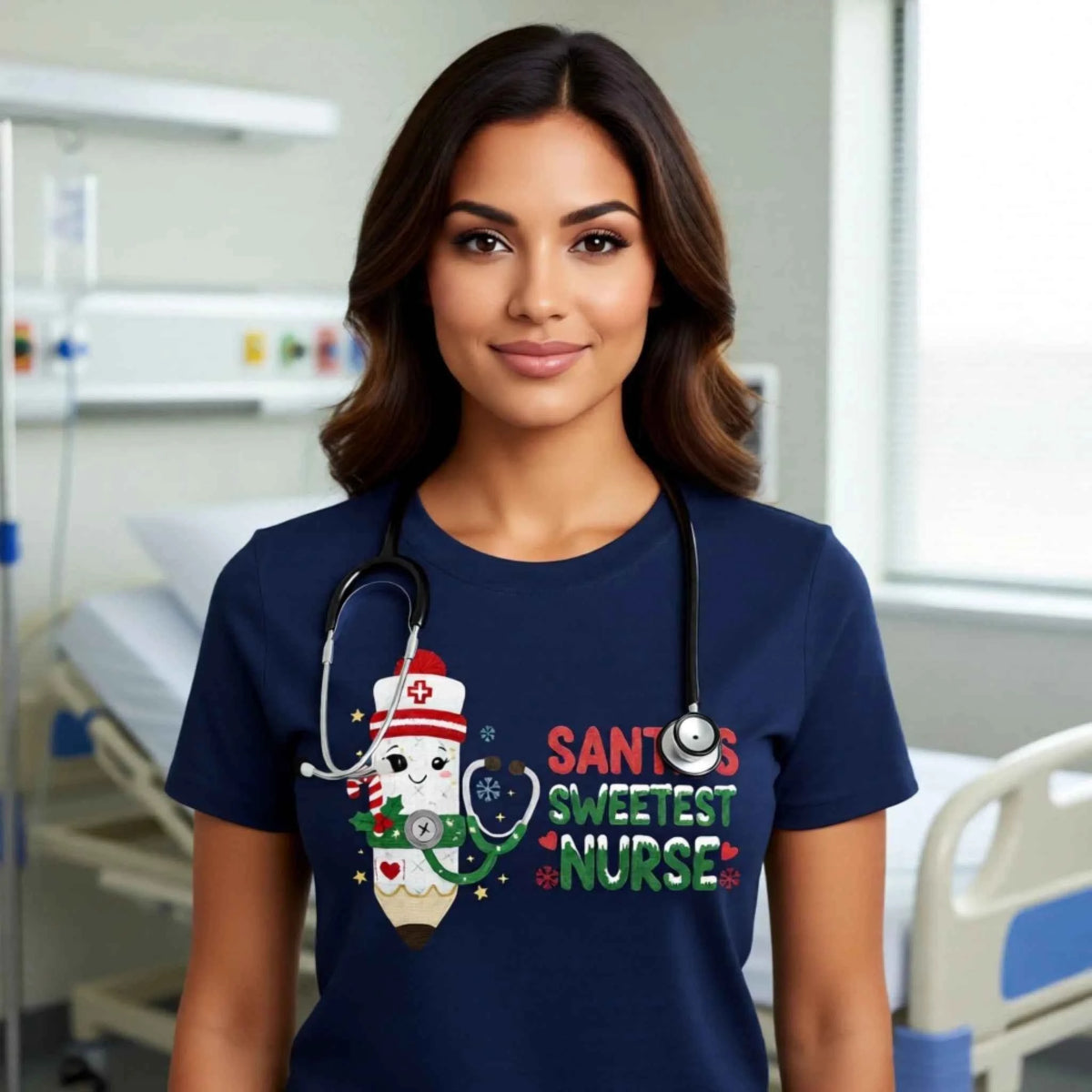 Woman wearing “Santa’s Sweetest Nurse” Faux crochet nurse pencil design on a Christmas T-Shirt