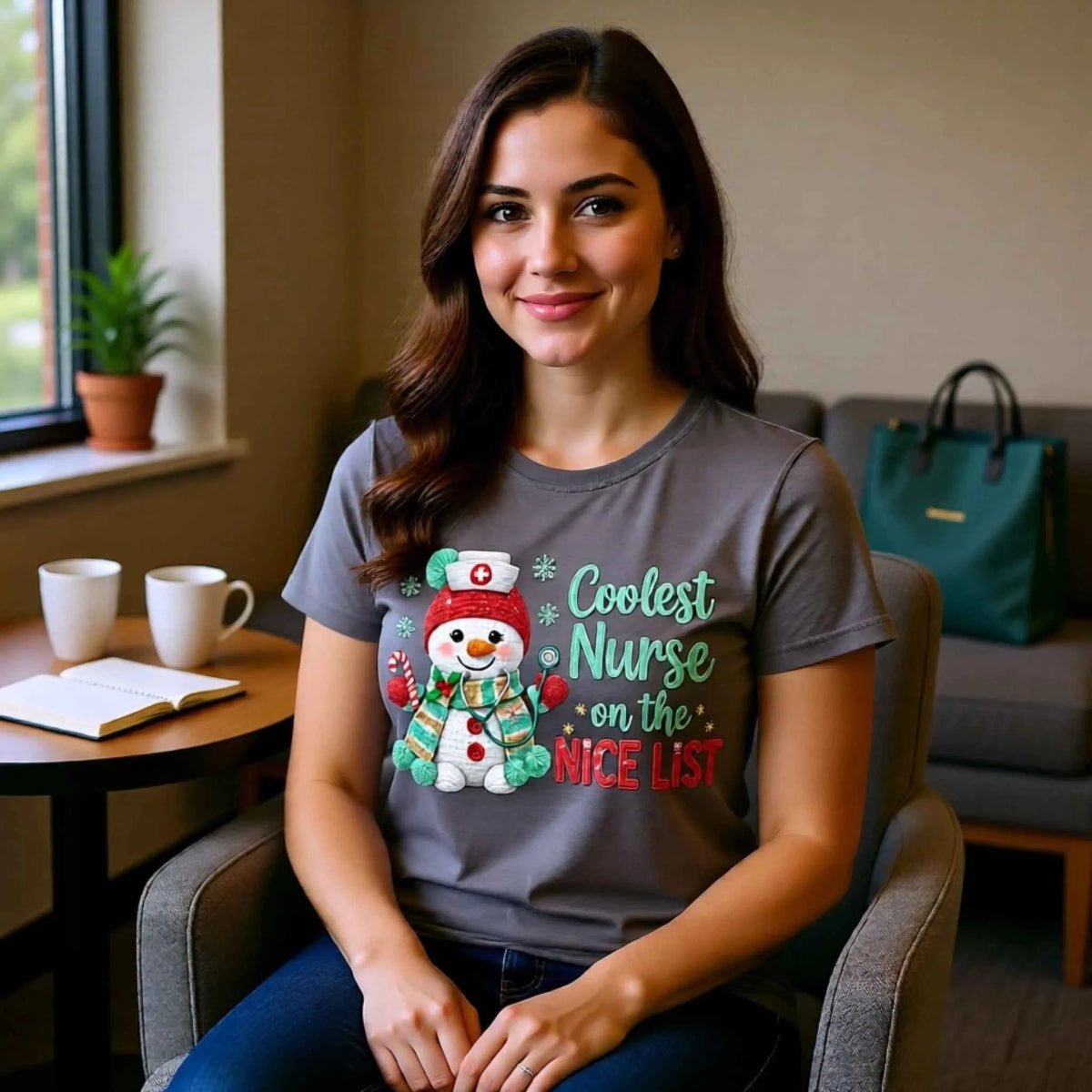 Woman wearing “Coolest Nurse On The Nice List” Faux crochet nurse snowman design on a Christmas T-Shirt