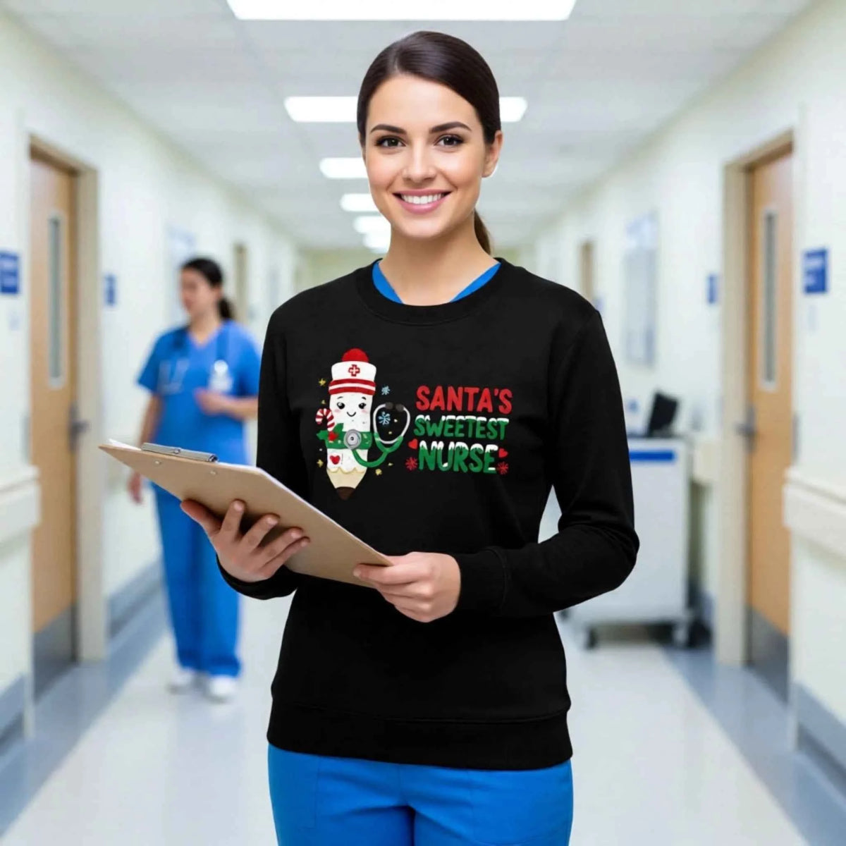 Woman wearing “Santa’s Sweetest Nurse” Faux crochet nurse pencil design on a Christmas Crewneck Sweatshirt