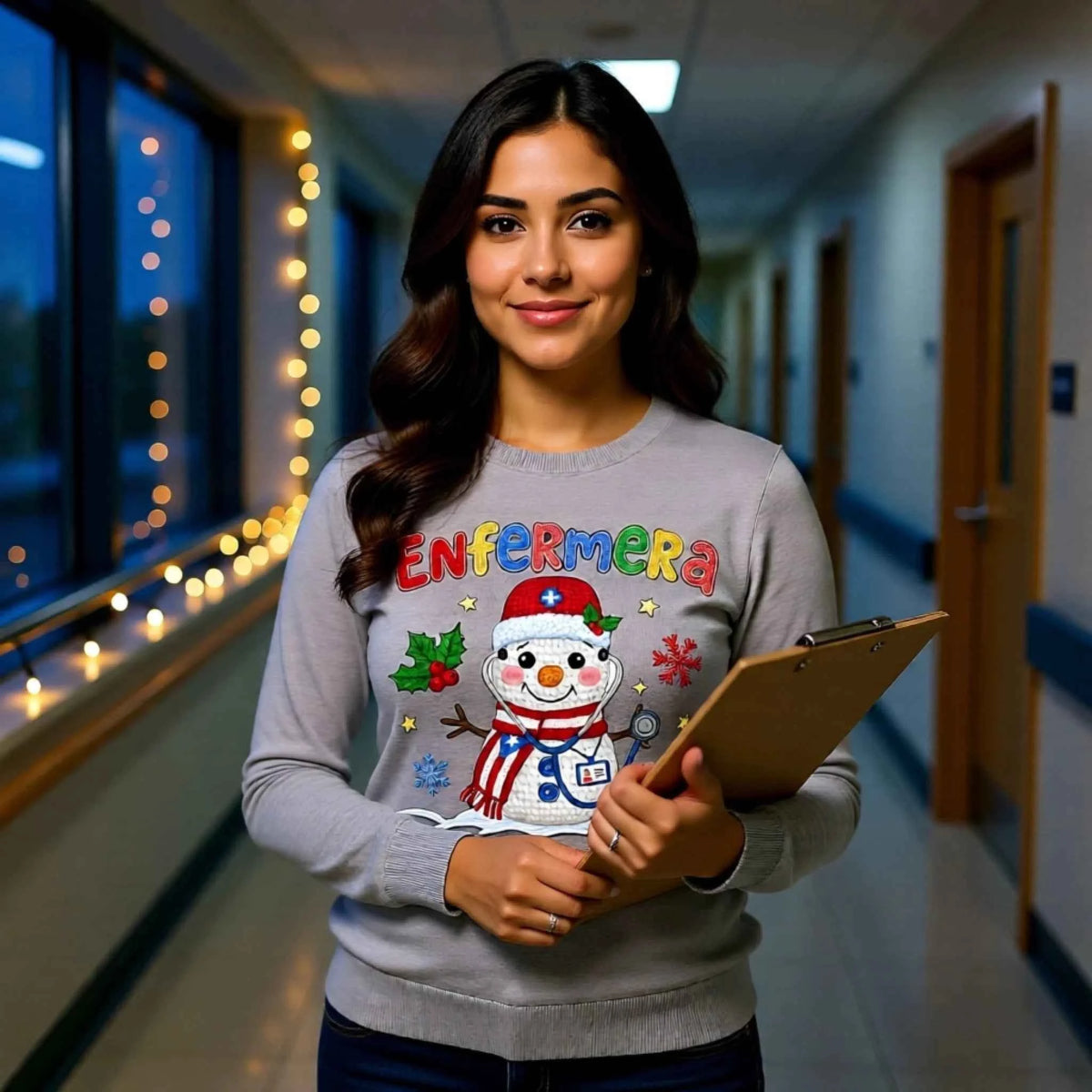 Woman wearing “Enfermera, Cuidando con Amor” Faux Crochet Nurse Snowman Christmas Crewneck Sweatshirt design