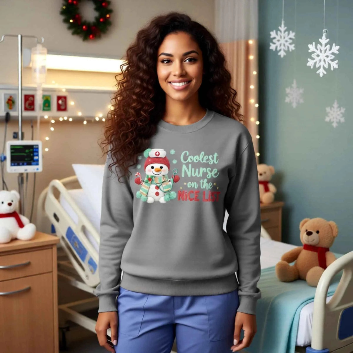 Woman wearing “Coolest Nurse On The Nice List” Faux crochet nurse snowman design on a Christmas Crewneck sweatshirt