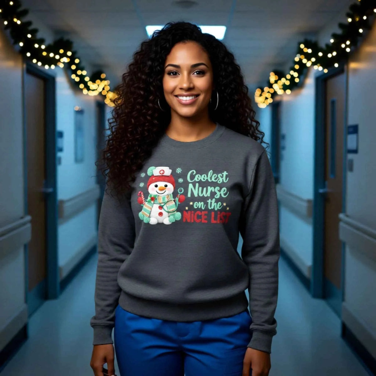 Woman wearing “Coolest Nurse On The Nice List” Faux crochet nurse snowman design on a Christmas Crewneck sweatshirt
