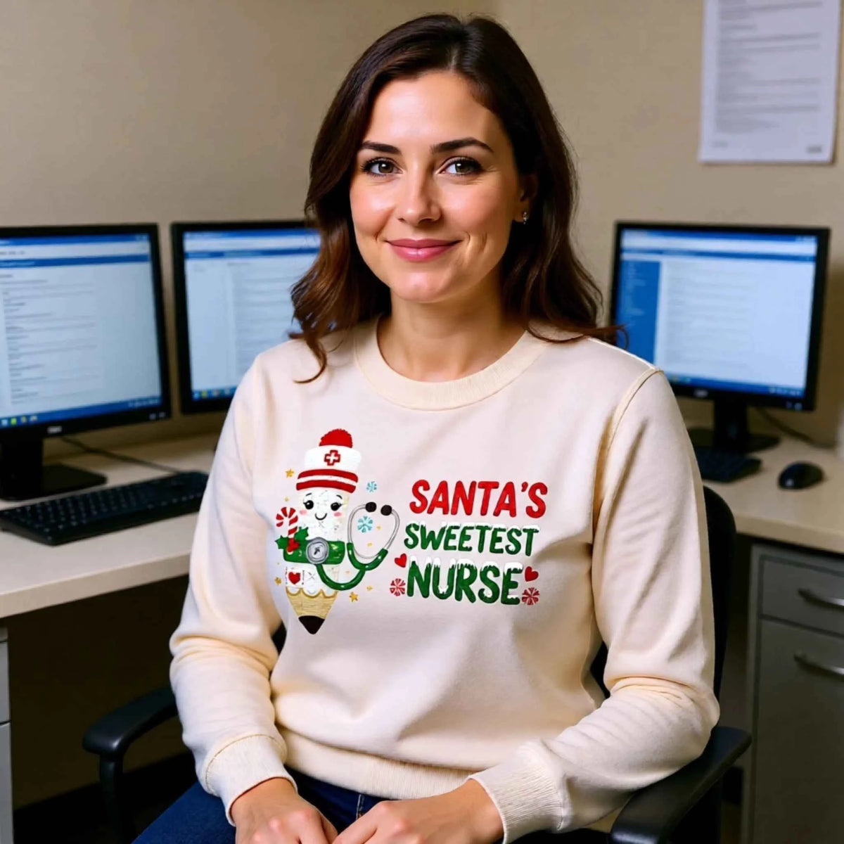 Woman wearing “Santa’s Sweetest Nurse” Faux crochet nurse pencil design on a Christmas Crewneck Sweatshirt