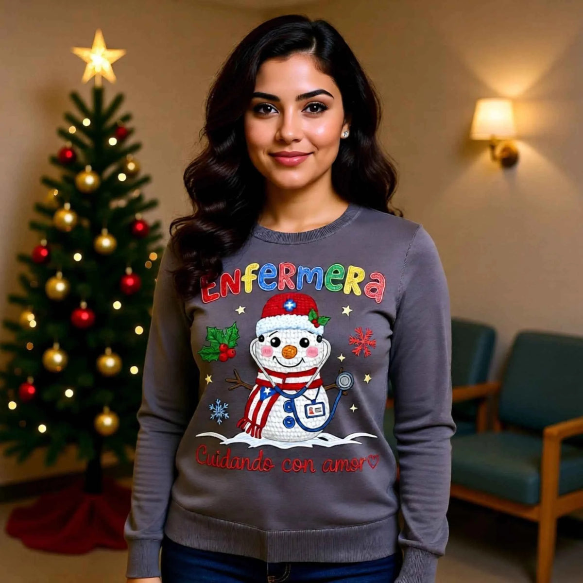 Woman wearing “Enfermera, Cuidando con Amor” Faux Crochet Nurse Snowman Christmas Crewneck Sweatshirt design