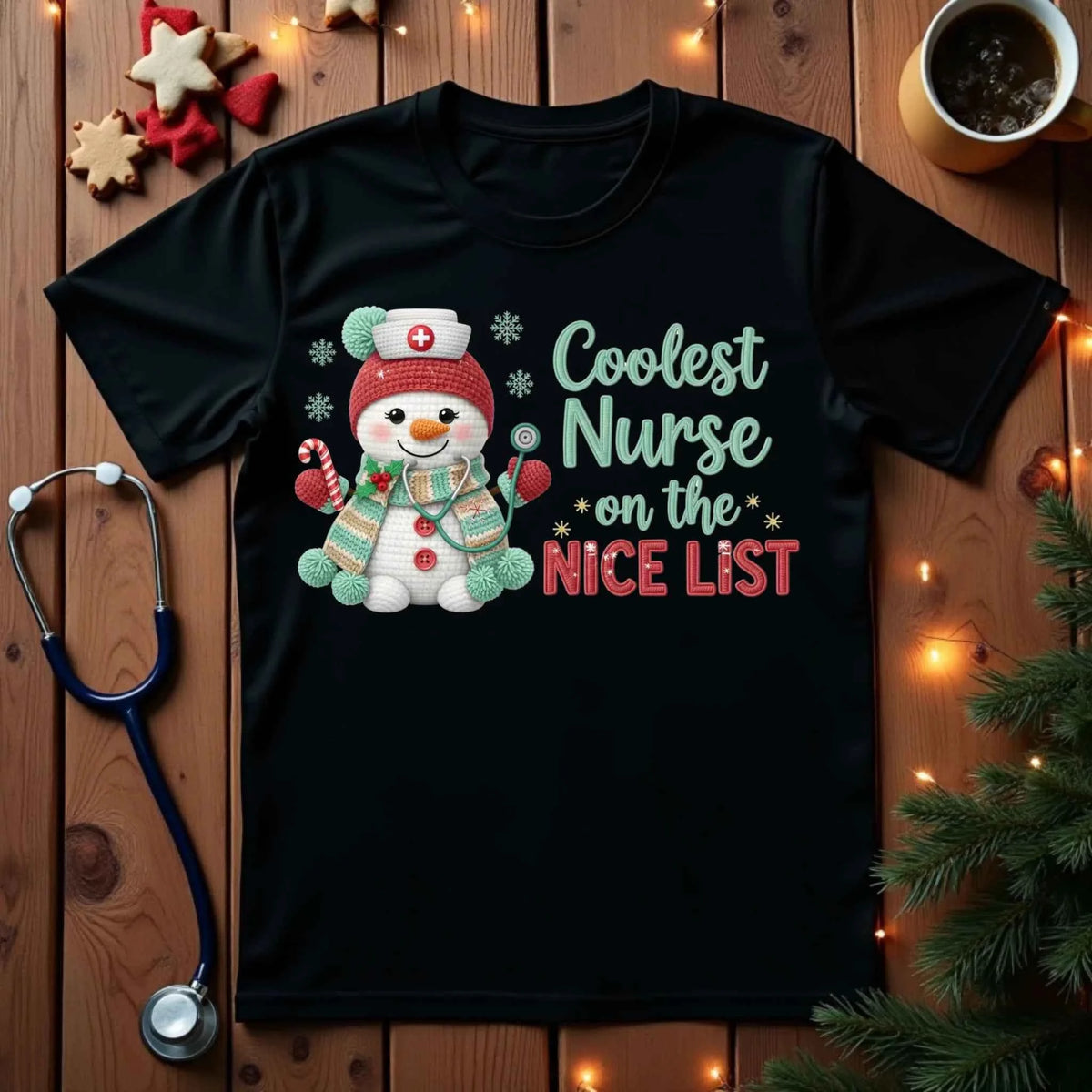 Flat lay of “Coolest Nurse On The List” Faux crochet nurse snowman design on a Christmas T-Shirt