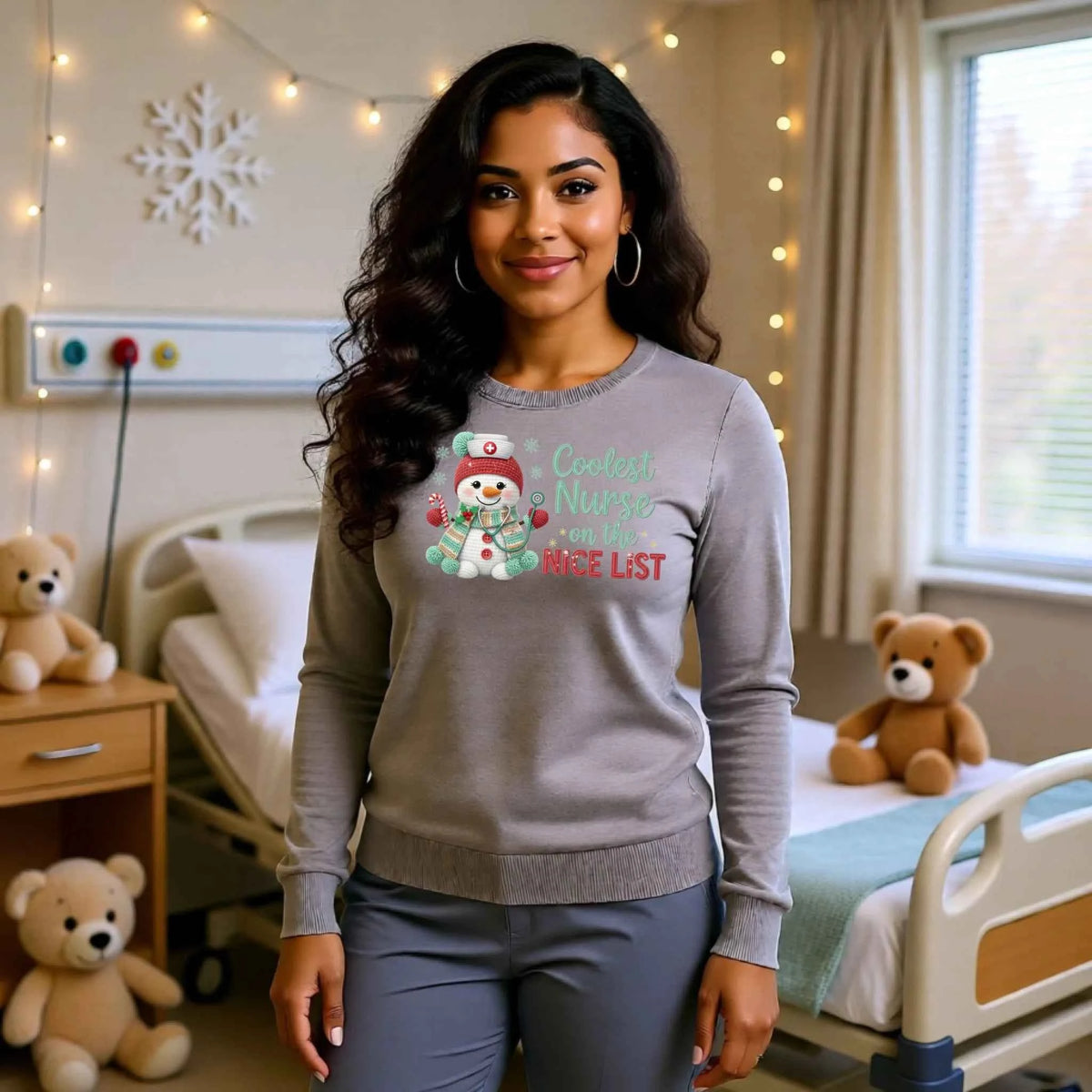 Woman wearing “Coolest Nurse On The Nice List” Faux crochet nurse snowman design on a Christmas Crewneck sweatshirt