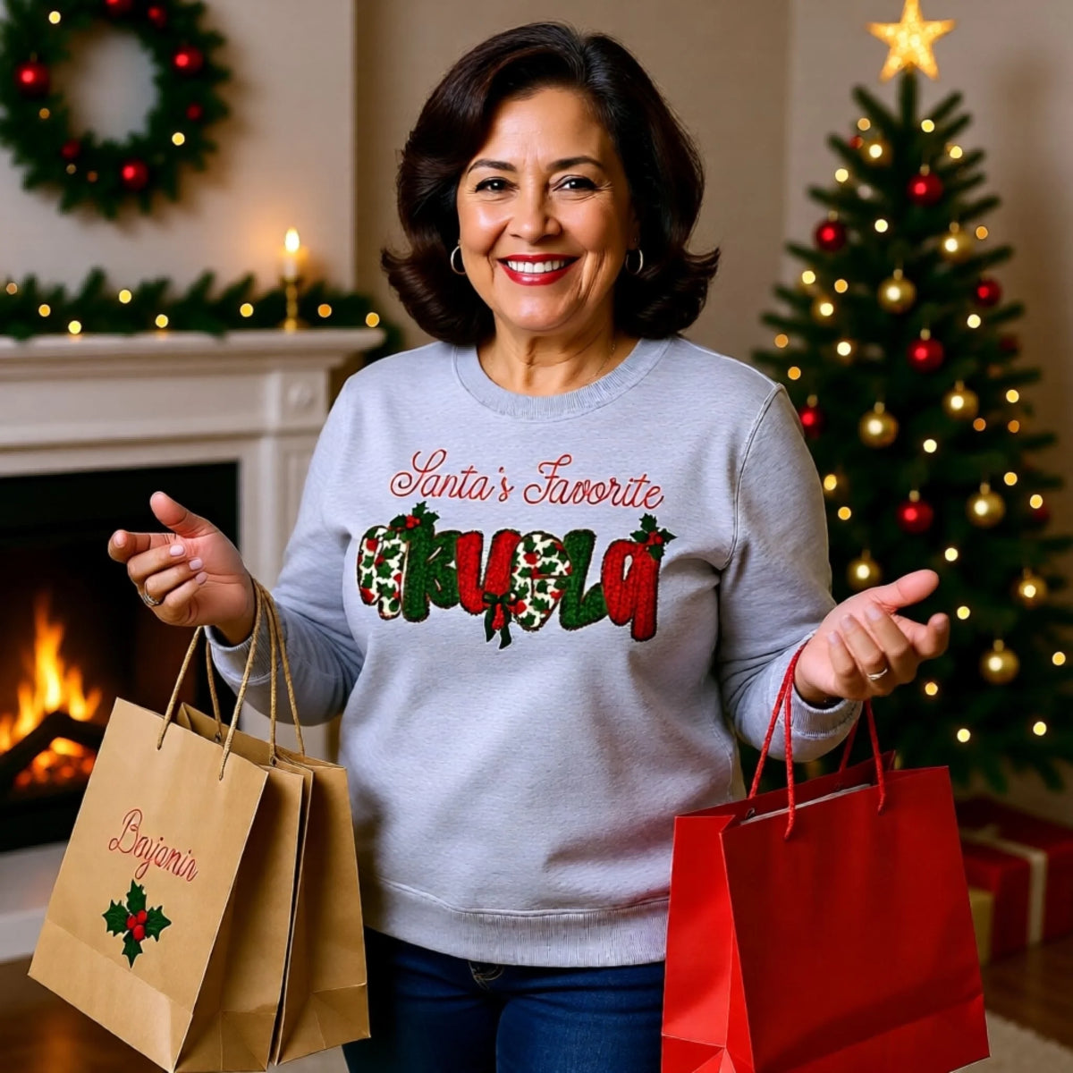 Santa's Favorite matching family Christmas sweatshirt with custom sleeve names