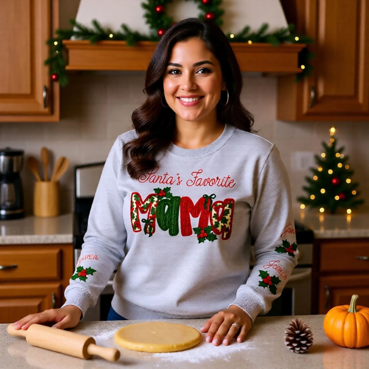 Santa's Favorite matching family Christmas sweatshirt with custom sleeve names