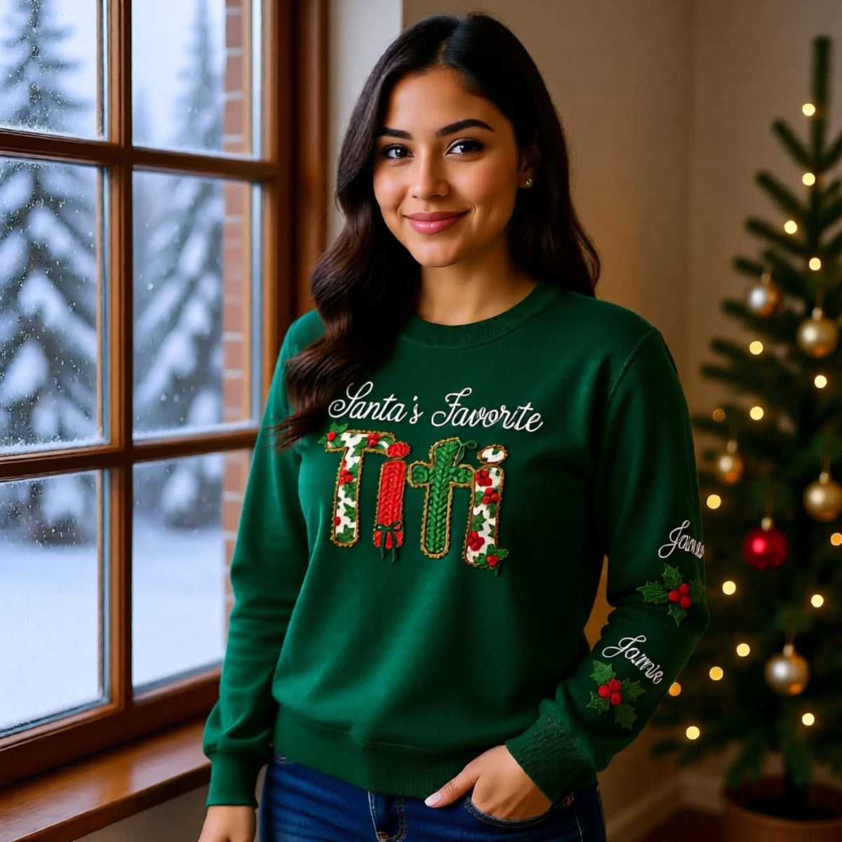 Santa's Favorite matching family Christmas sweatshirt with custom sleeve names
