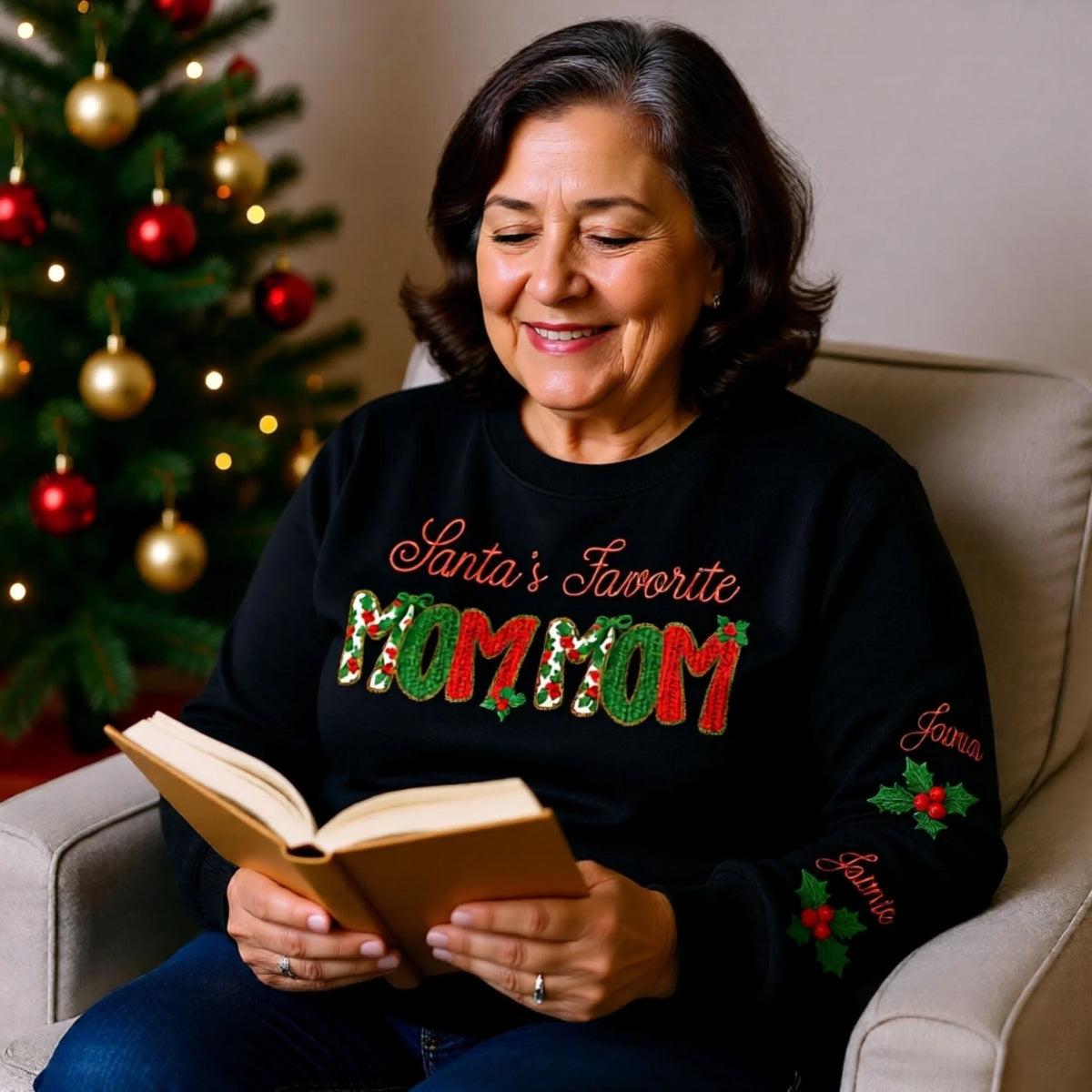 Santa's Favorite matching family Christmas sweatshirt with custom sleeve names