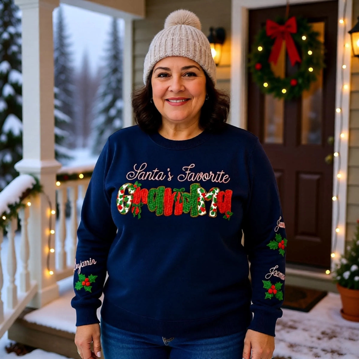 Santa's Favorite matching family Christmas sweatshirt with custom sleeve names