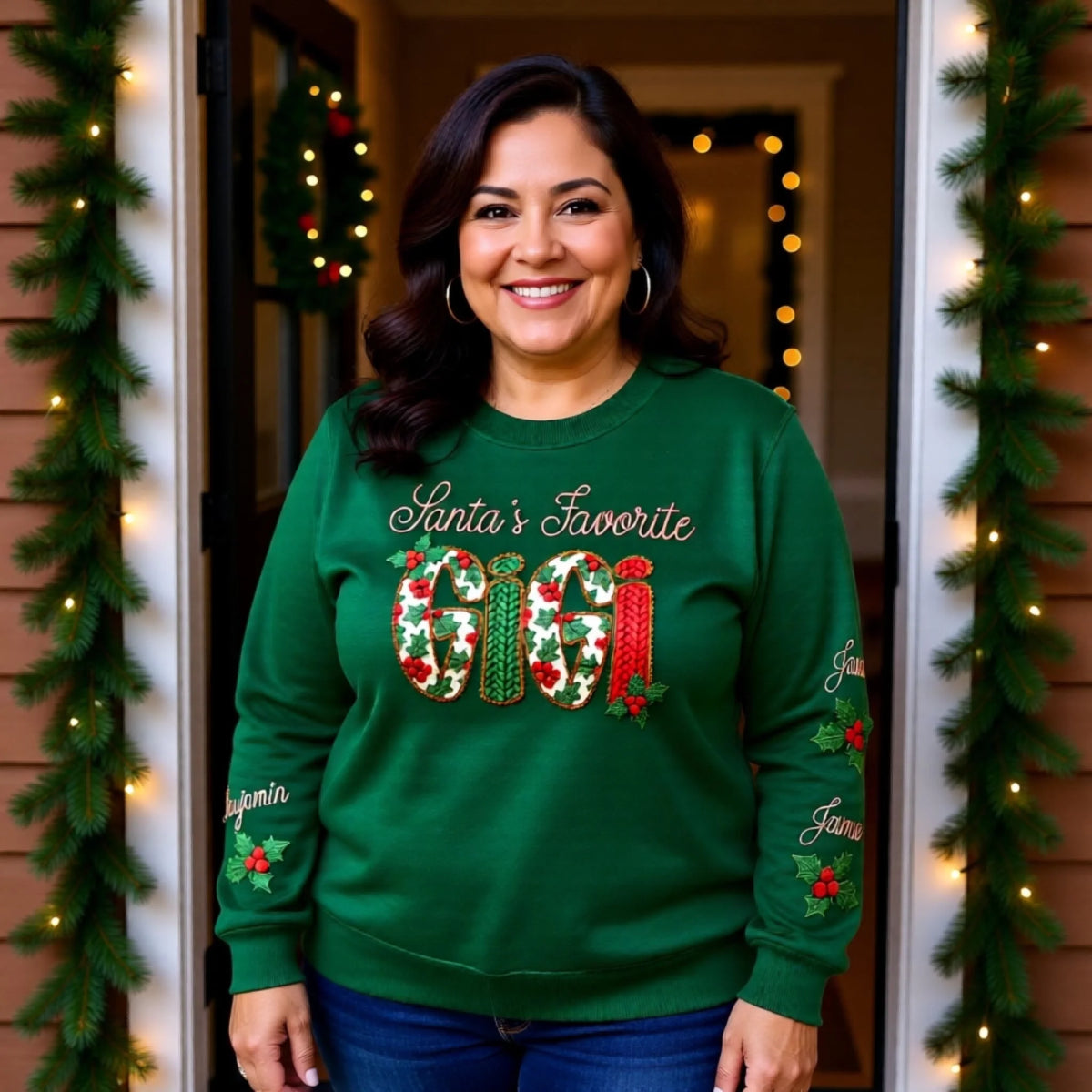 Santa's Favorite matching family Christmas sweatshirt with custom sleeve names