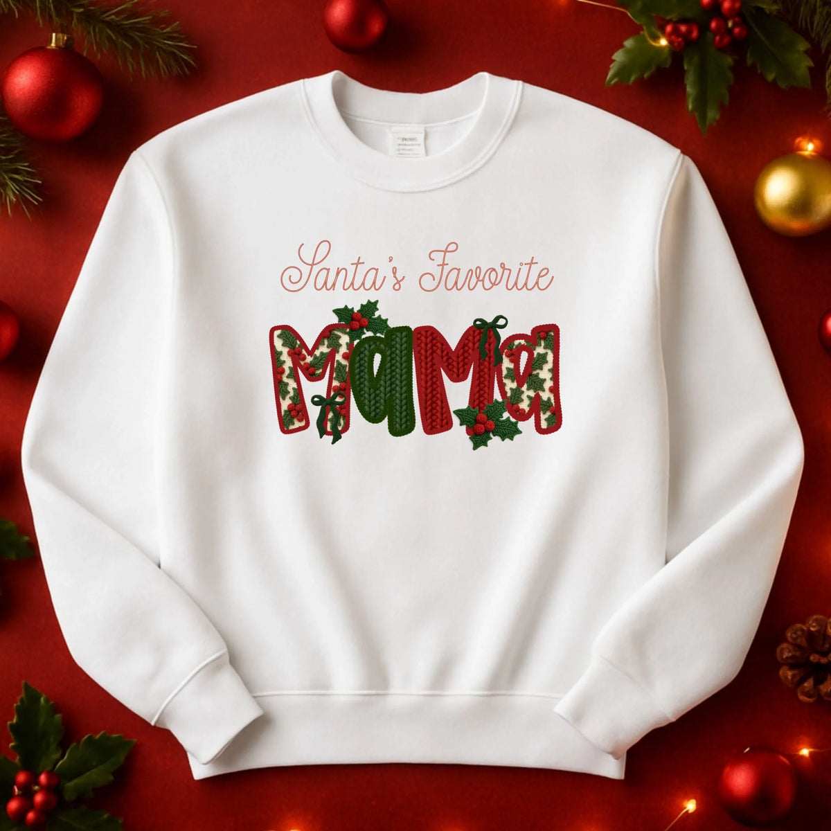 Santa's Favorite matching family Christmas sweatshirt with custom sleeve names