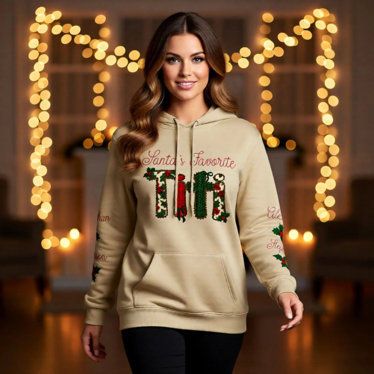 Santa's Favorite matching family Christmas sweatshirt with custom sleeve names