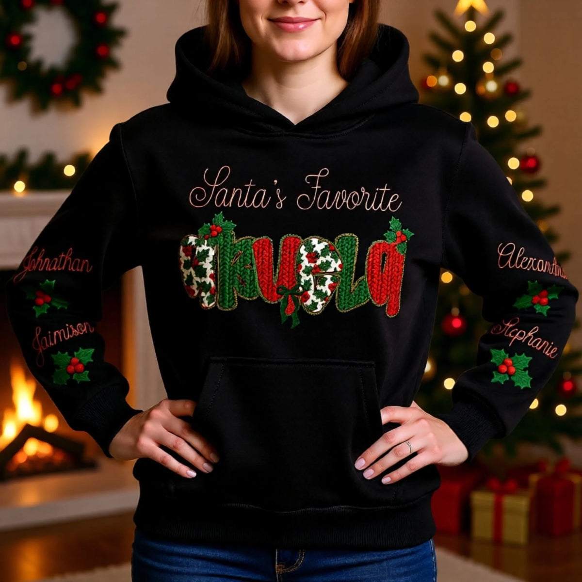 Santa's Favorite matching family Christmas sweatshirt with custom sleeve names