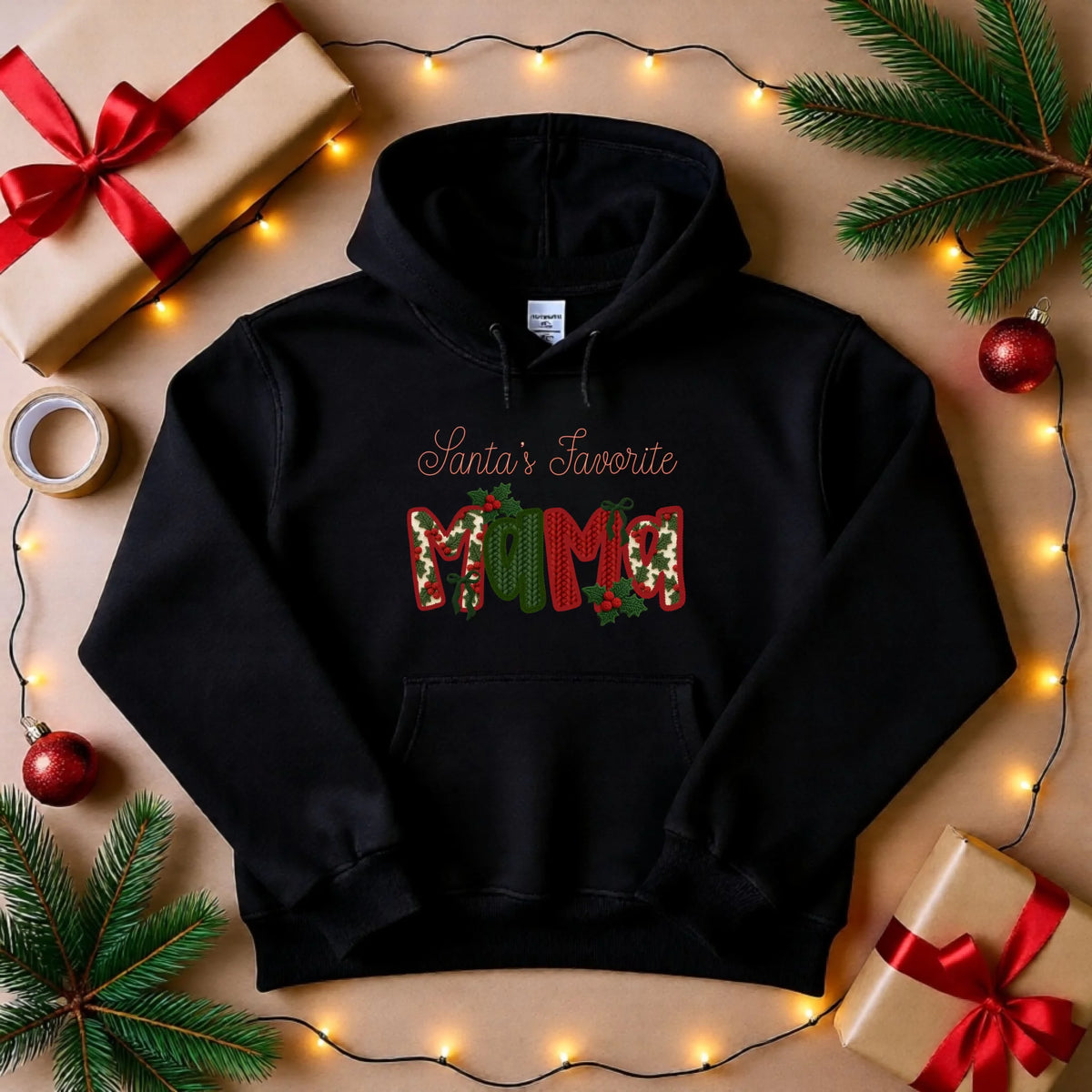 Santa's Favorite matching family Christmas sweatshirt with custom sleeve names