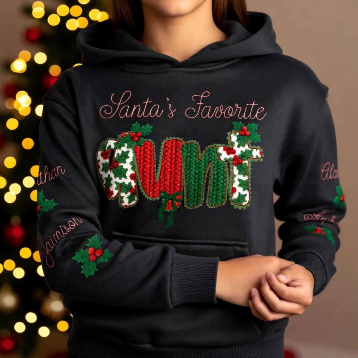 Santa's Favorite matching family Christmas sweatshirt with custom sleeve names