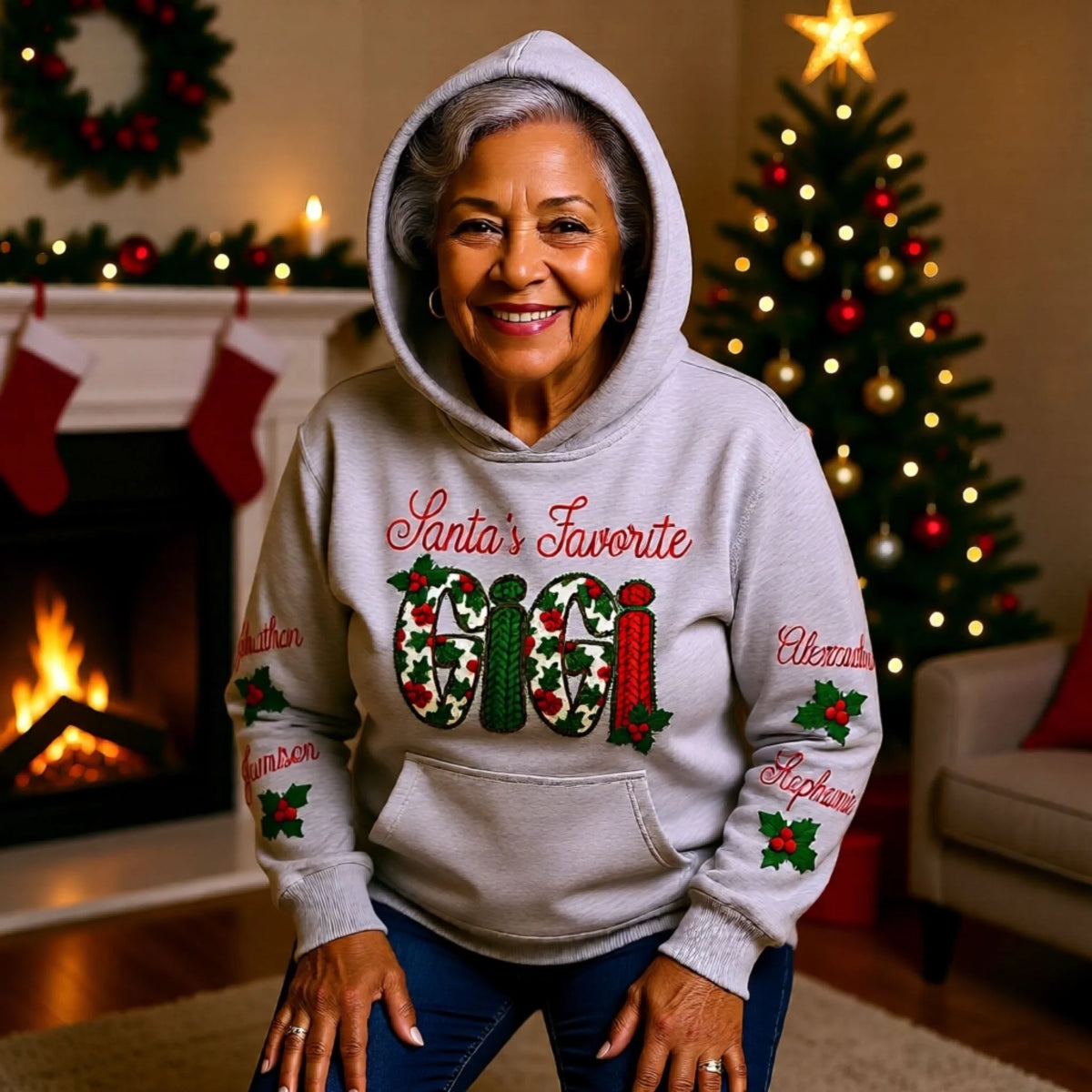 Santa's Favorite matching family Christmas sweatshirt with custom sleeve names