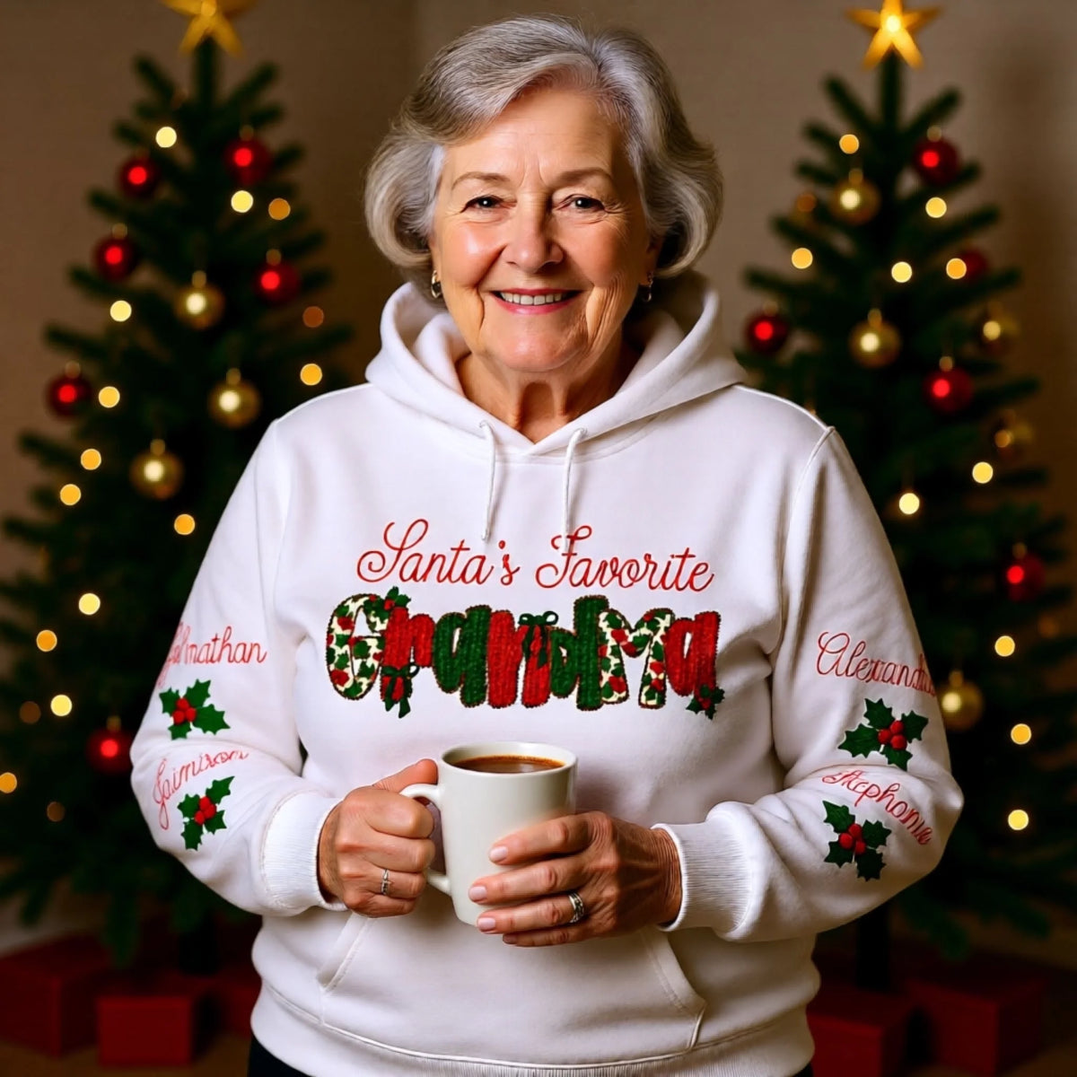 Santa's Favorite matching family Christmas sweatshirt with custom sleeve names