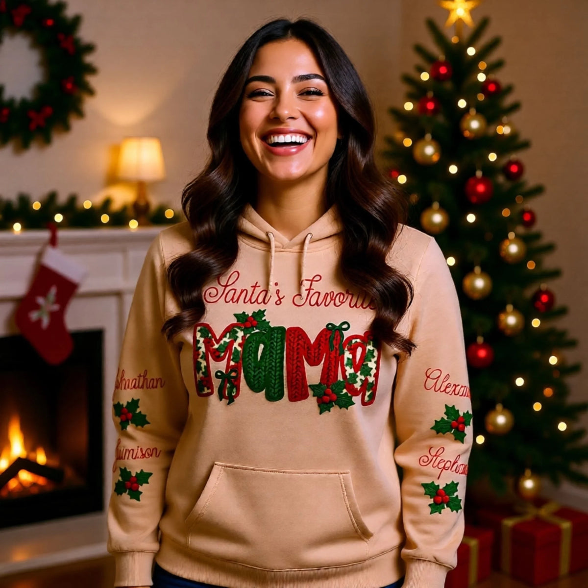 Santa's Favorite matching family Christmas sweatshirt with custom sleeve names