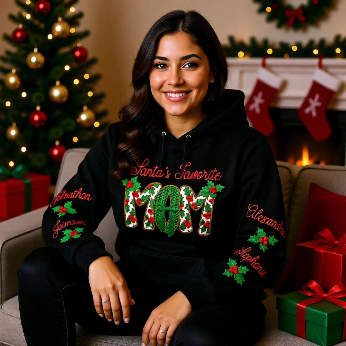 Santa's Favorite matching family Christmas sweatshirt with custom sleeve names