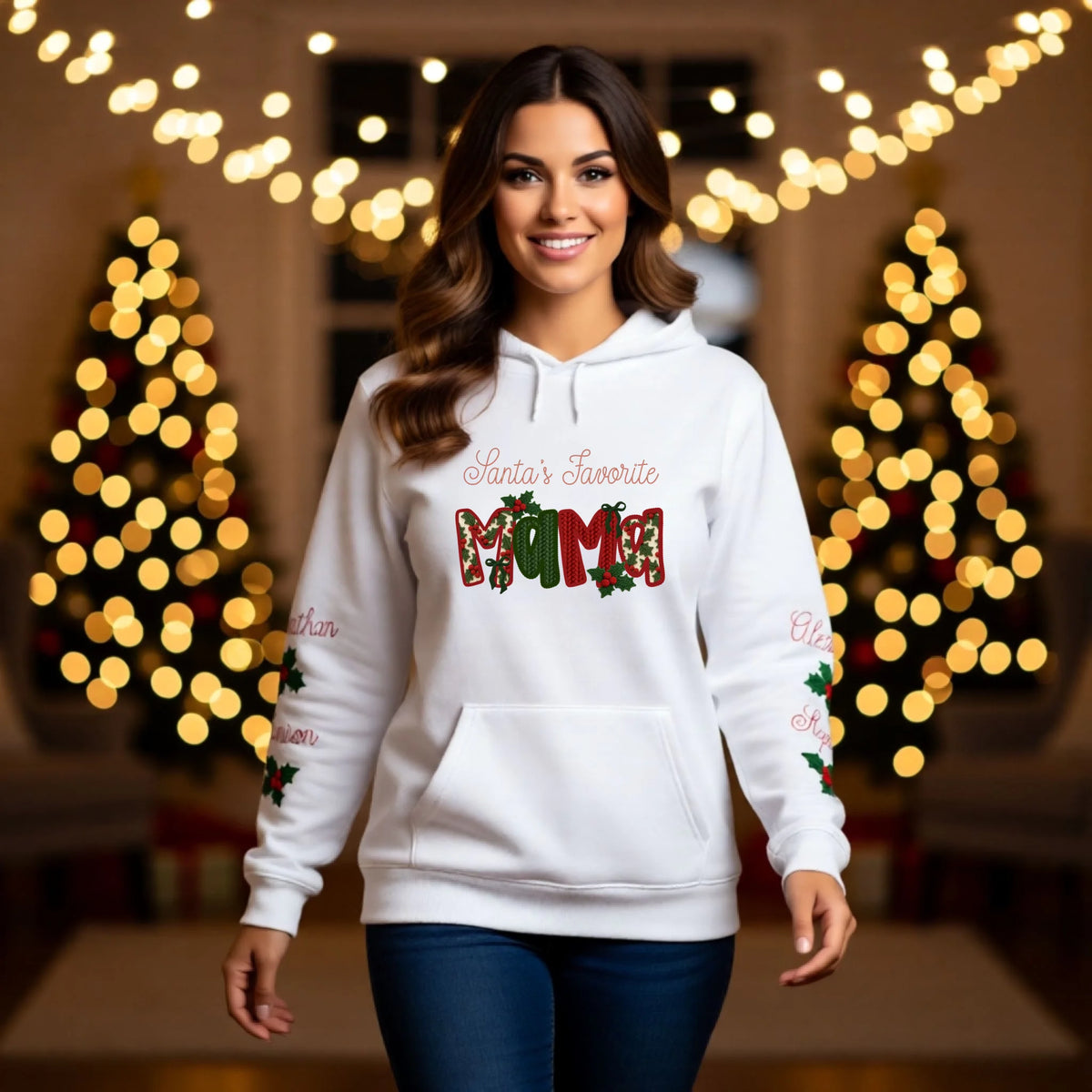 Santa's Favorite matching family Christmas sweatshirt with custom sleeve names